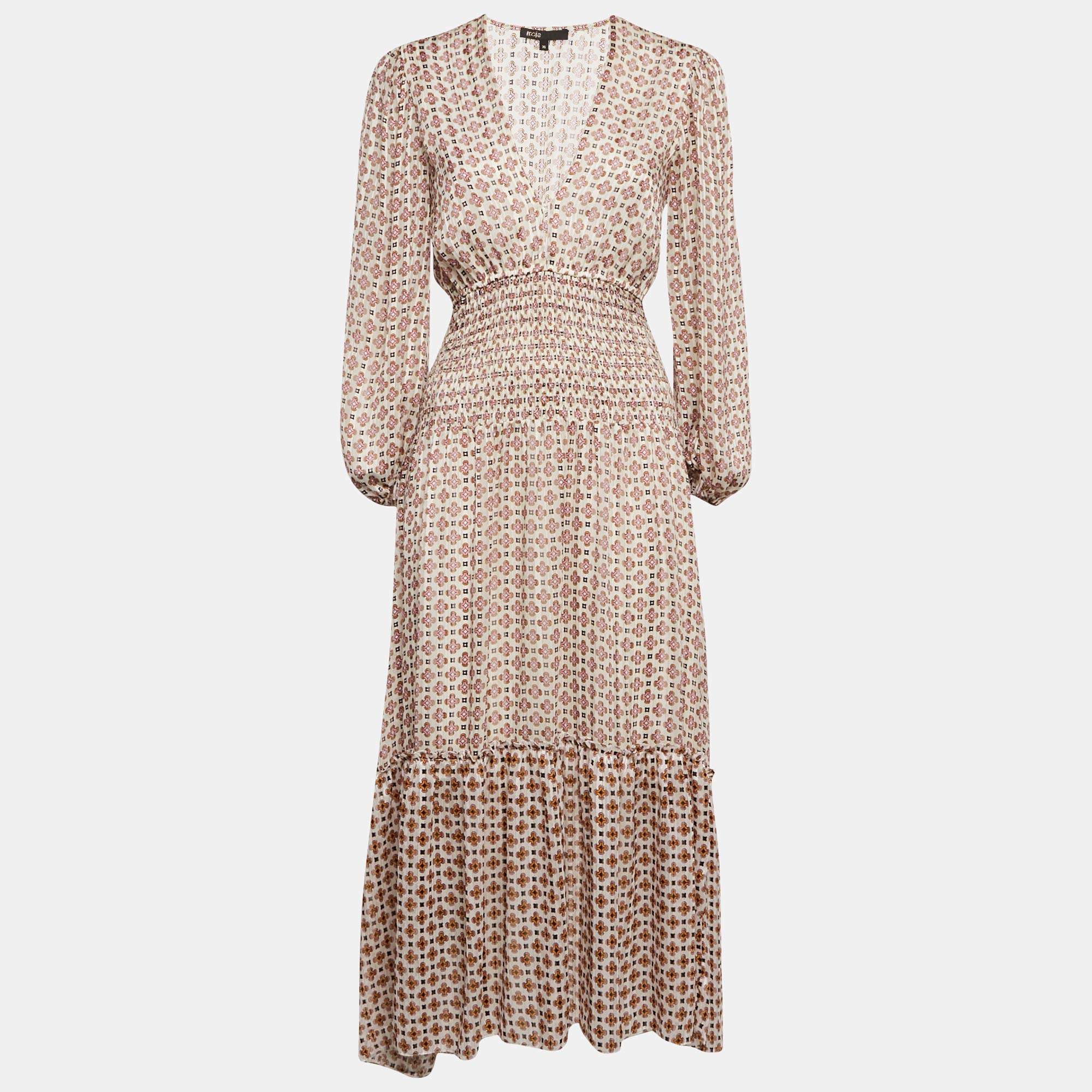 Maje Pink Printed Chiffon Shirring Detail Midi Dress S