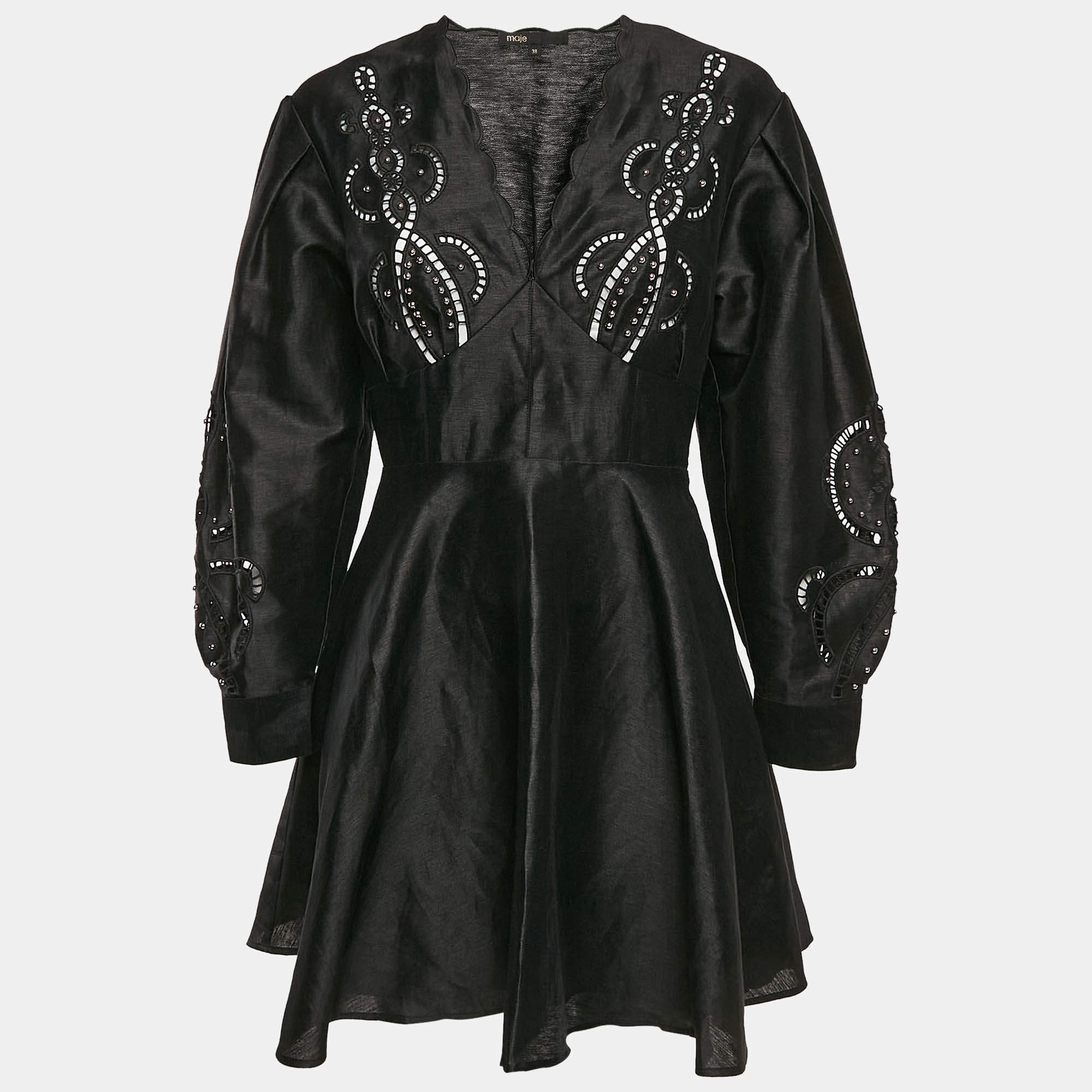 Maje Black Studded Linen Cut-Out Detail Mini Riclint Dress M