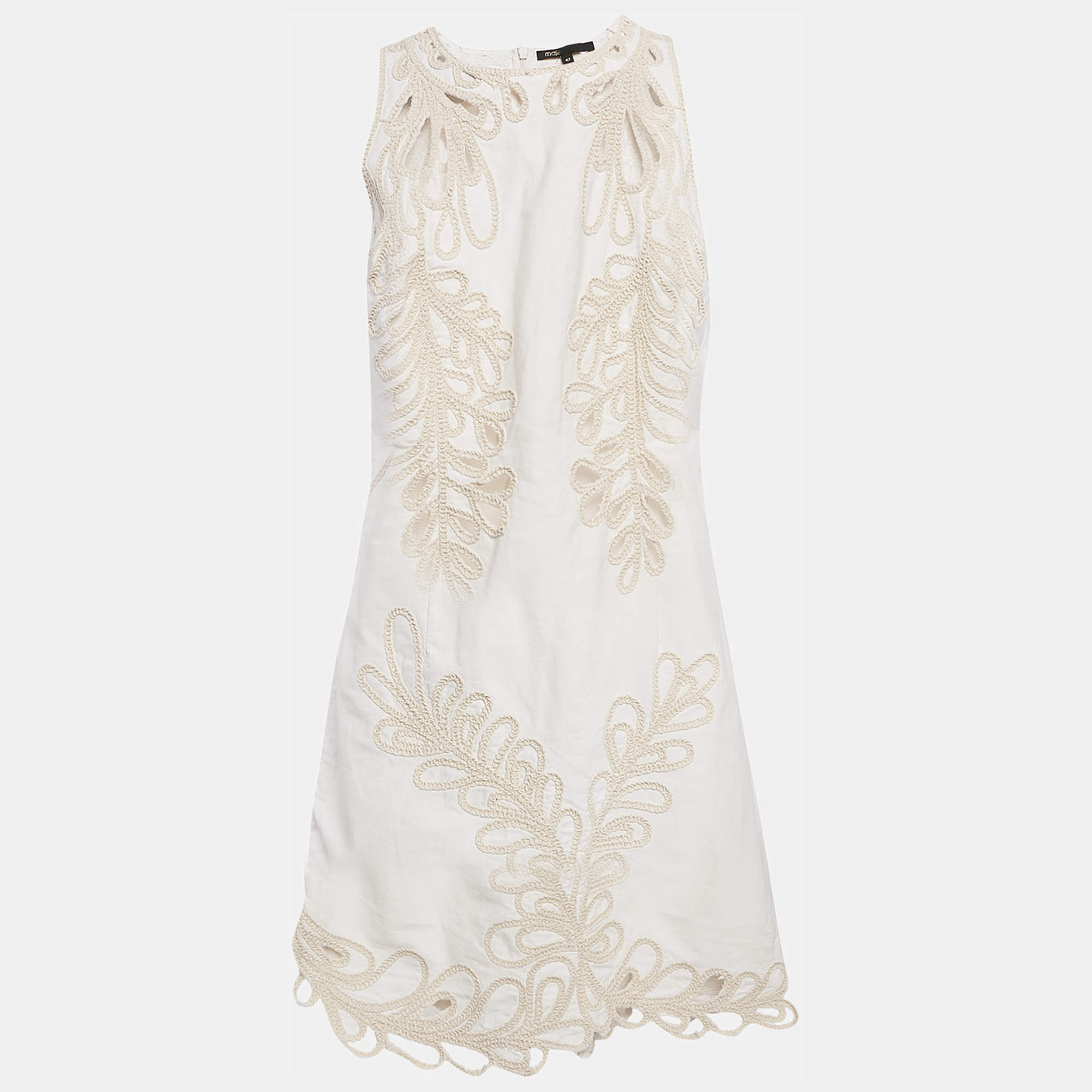 Pre Owned Maje White Embroidered Gabardine Cotton Cut-Out Detail Mini Dress XL