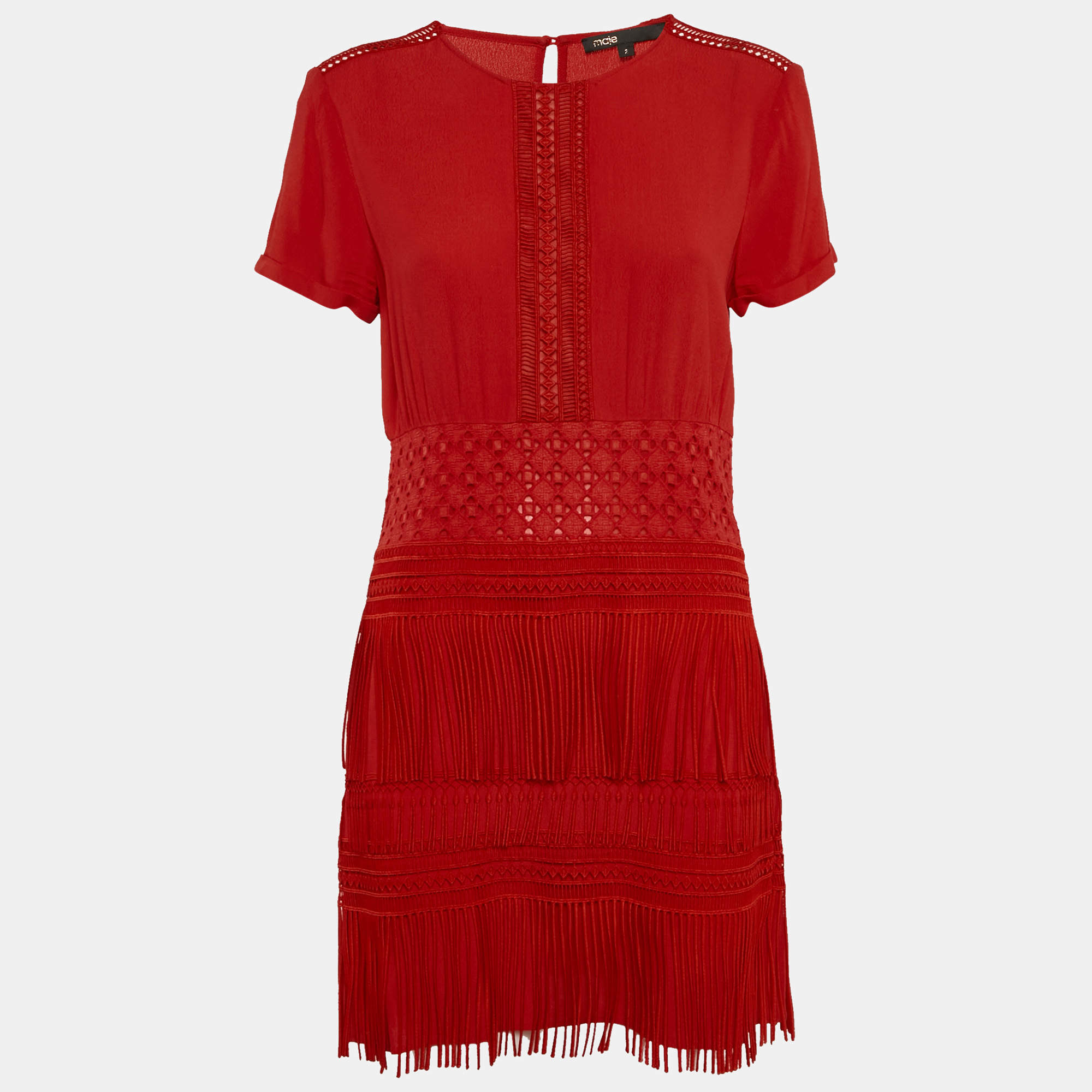 Maje Red Crepe Lace Trim Detail Fringed Mini Dress M