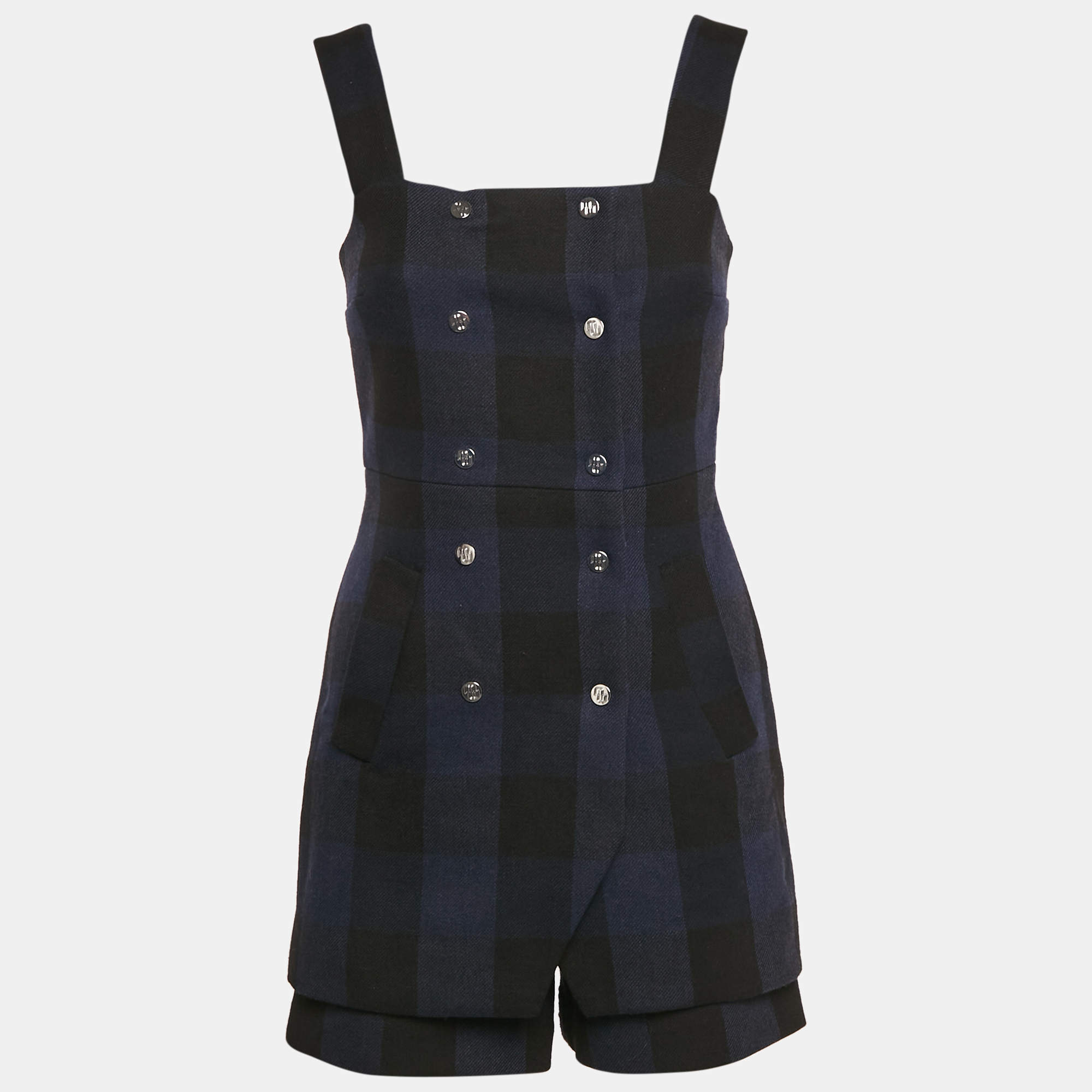 Pre Owned Maje Black/Blue Plaid Cotton Blend Double Breasted Mini Dress S