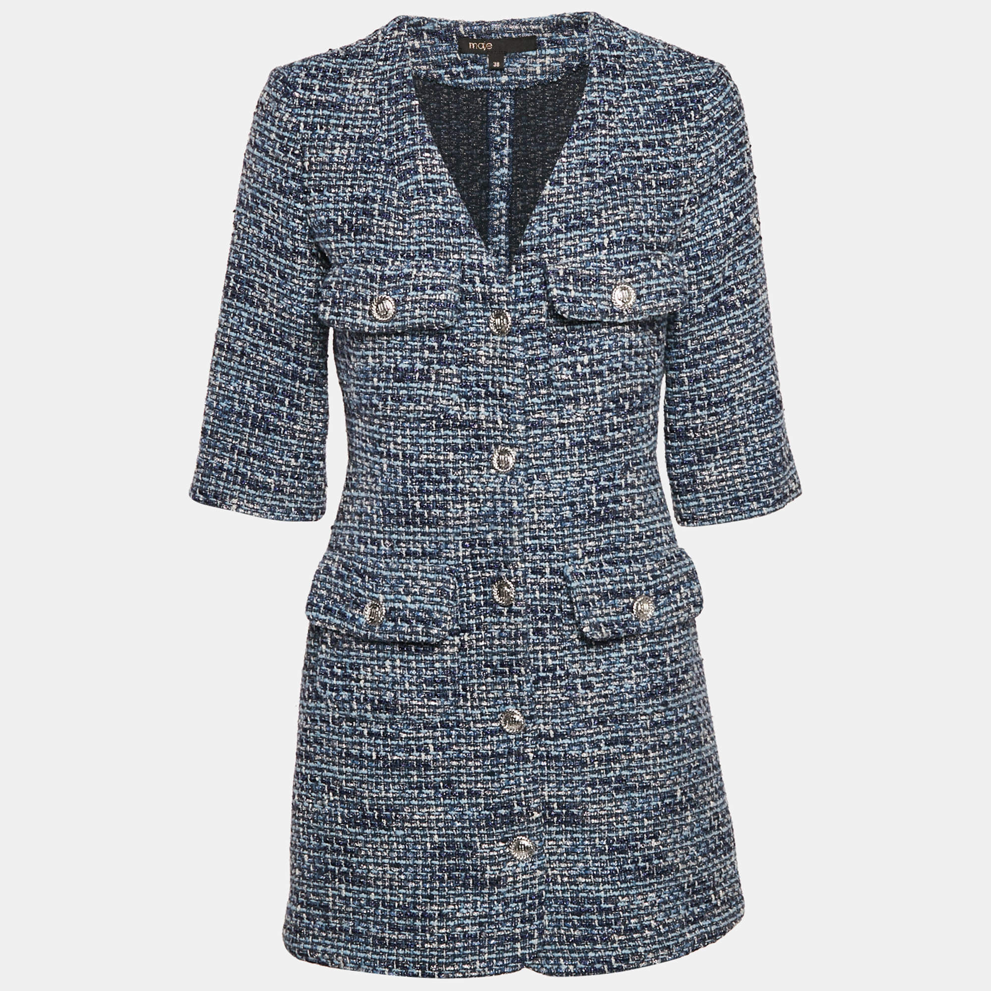 Pre Owned Maje Blue Lurex Tweed Button Front Mini Dress M