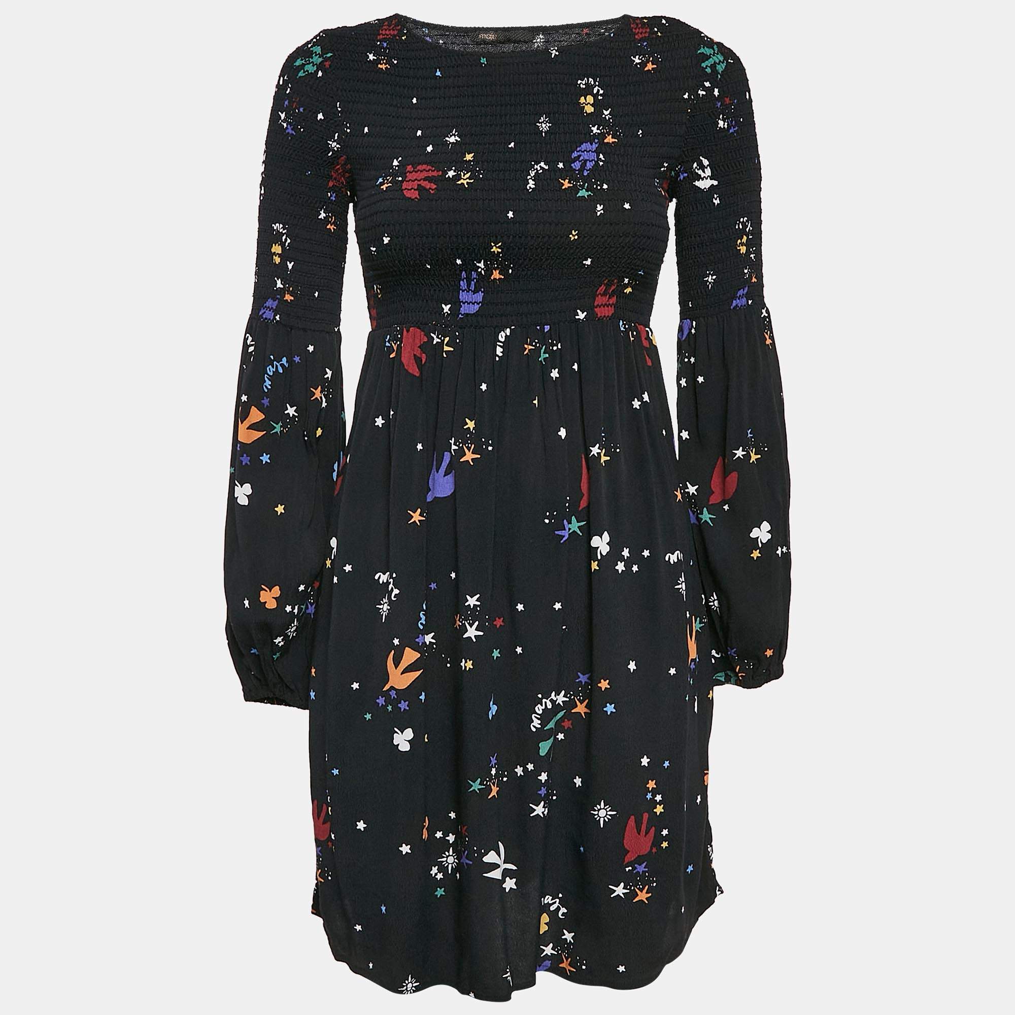 Maje Black Bird and Star Print Crepe Smocked Reskita Mini Dress XS