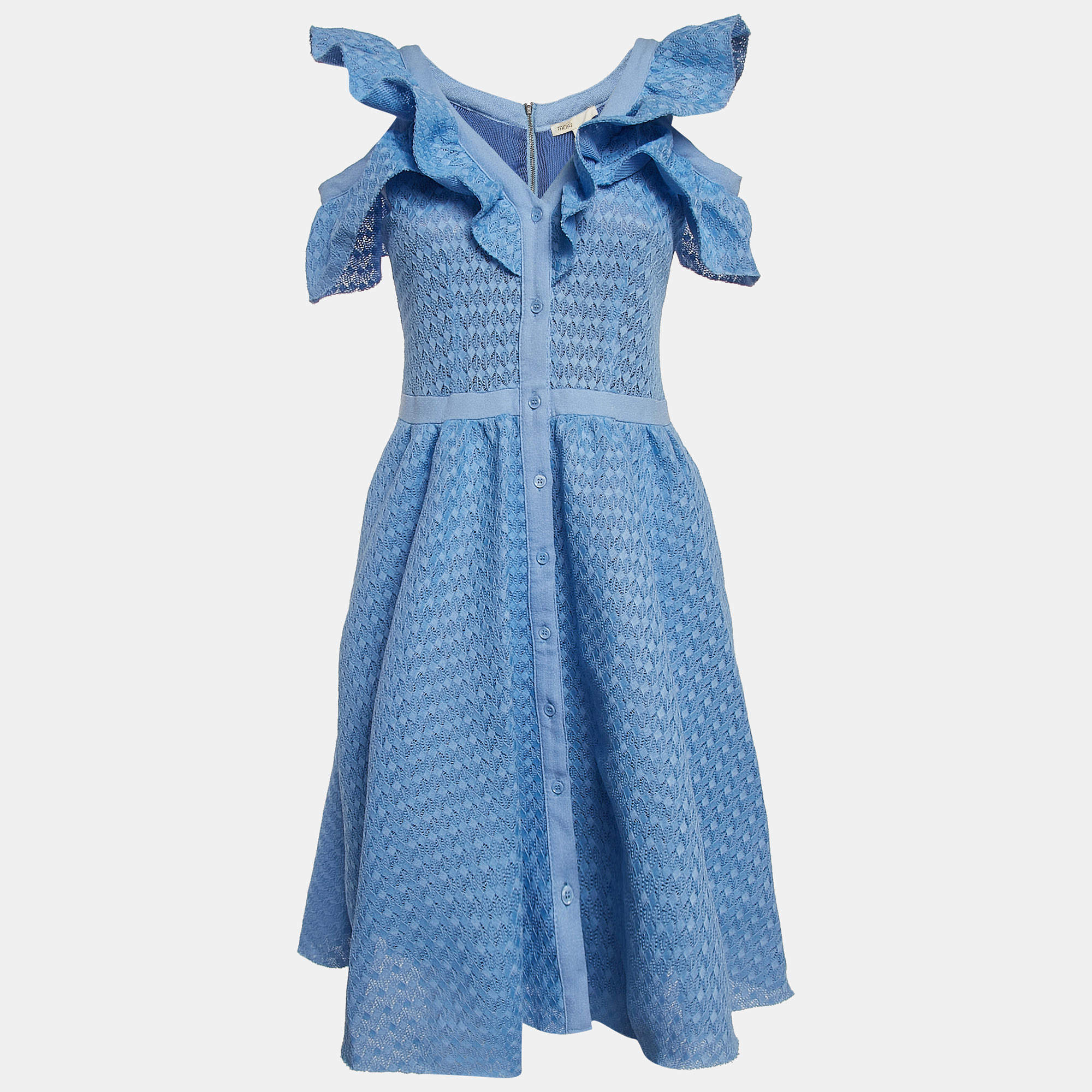 Maje Blue Lace Ruffled Cold Shoulder Reglisse Dress L