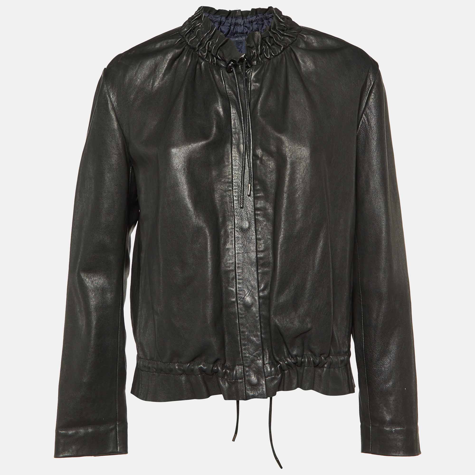 Maje Black Leather Ruched Biker Jacket L