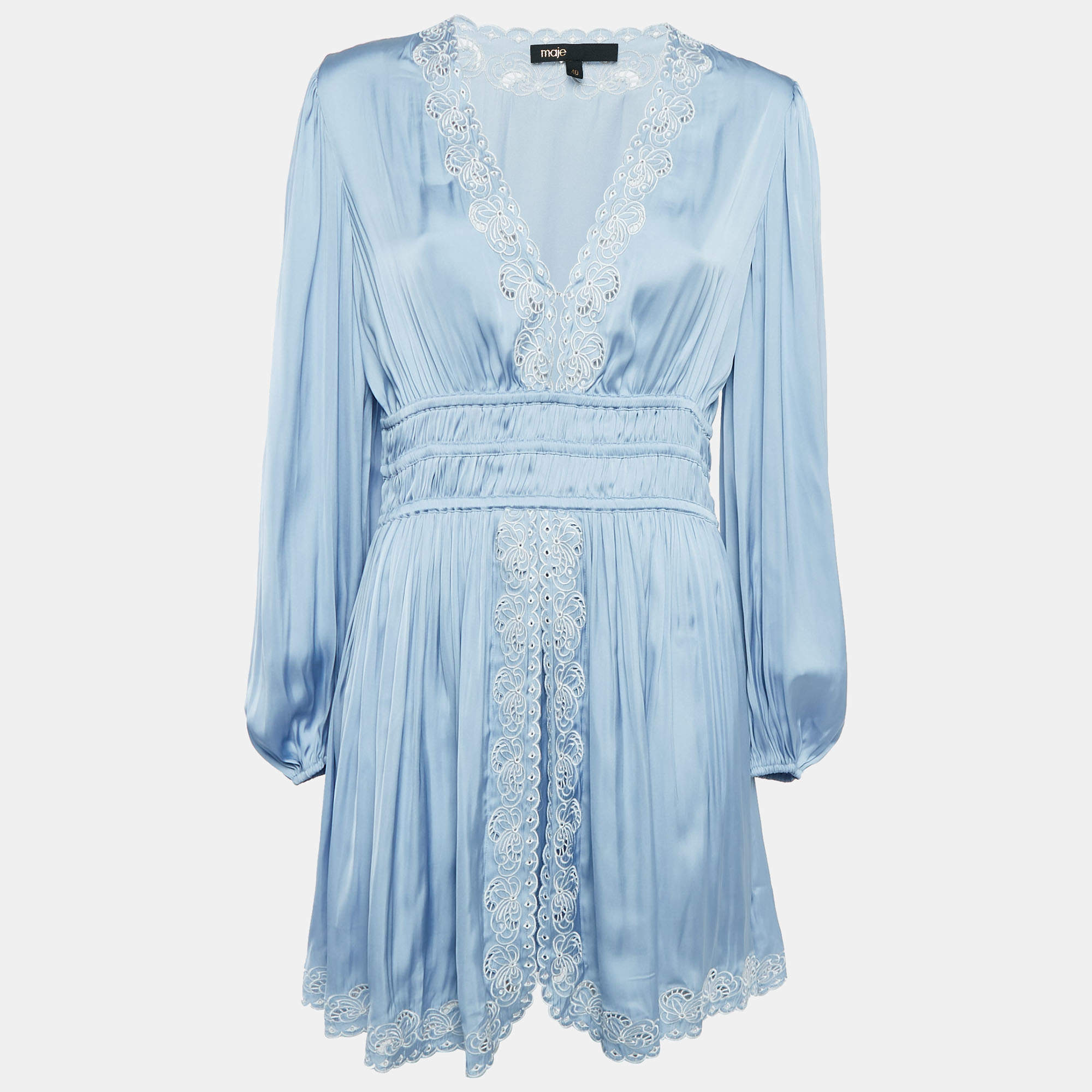 Pre Owned Maje Blue Embroidered Satin Mini Dress L