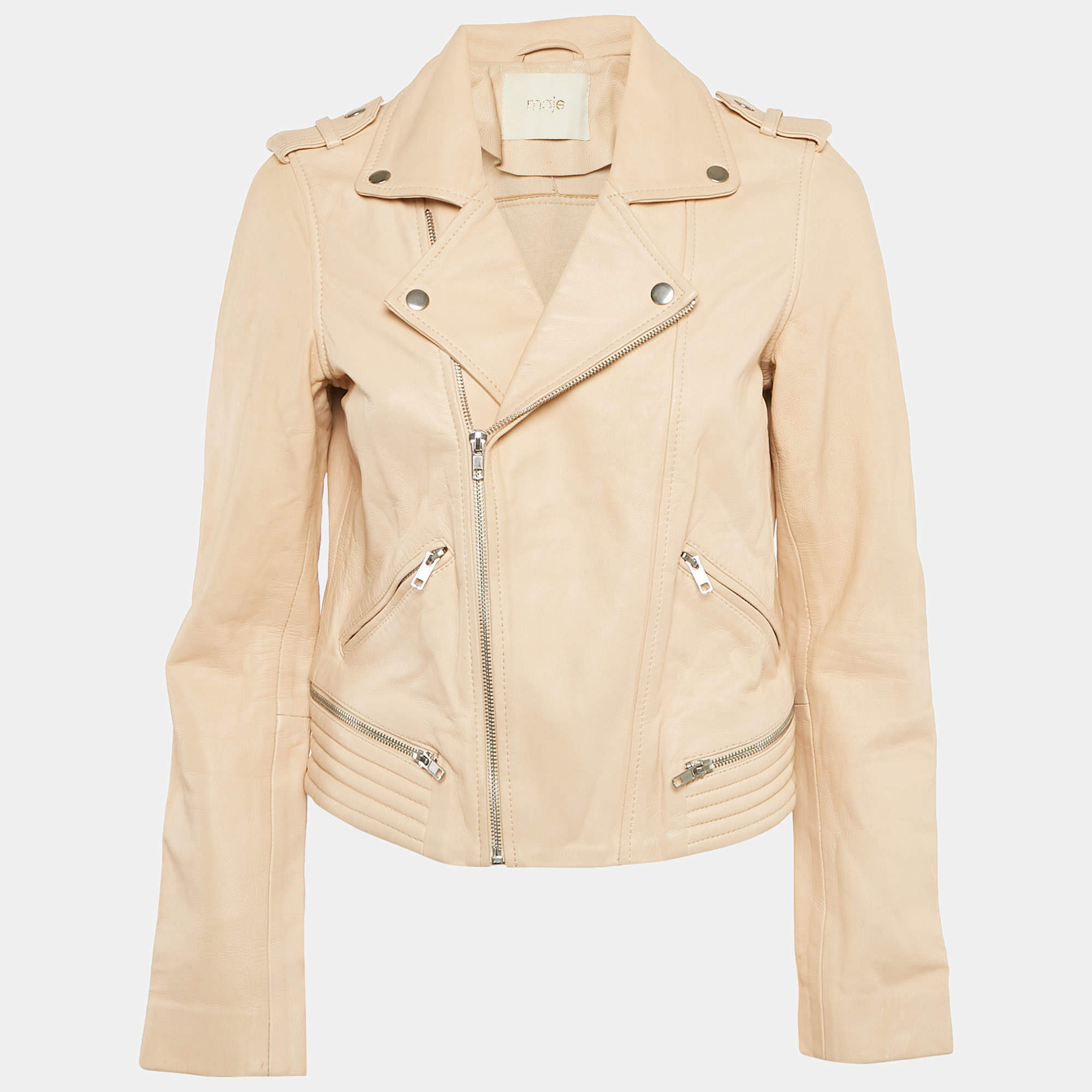 Maje Pink Nude Leather Zip-Up Biker Jacket M