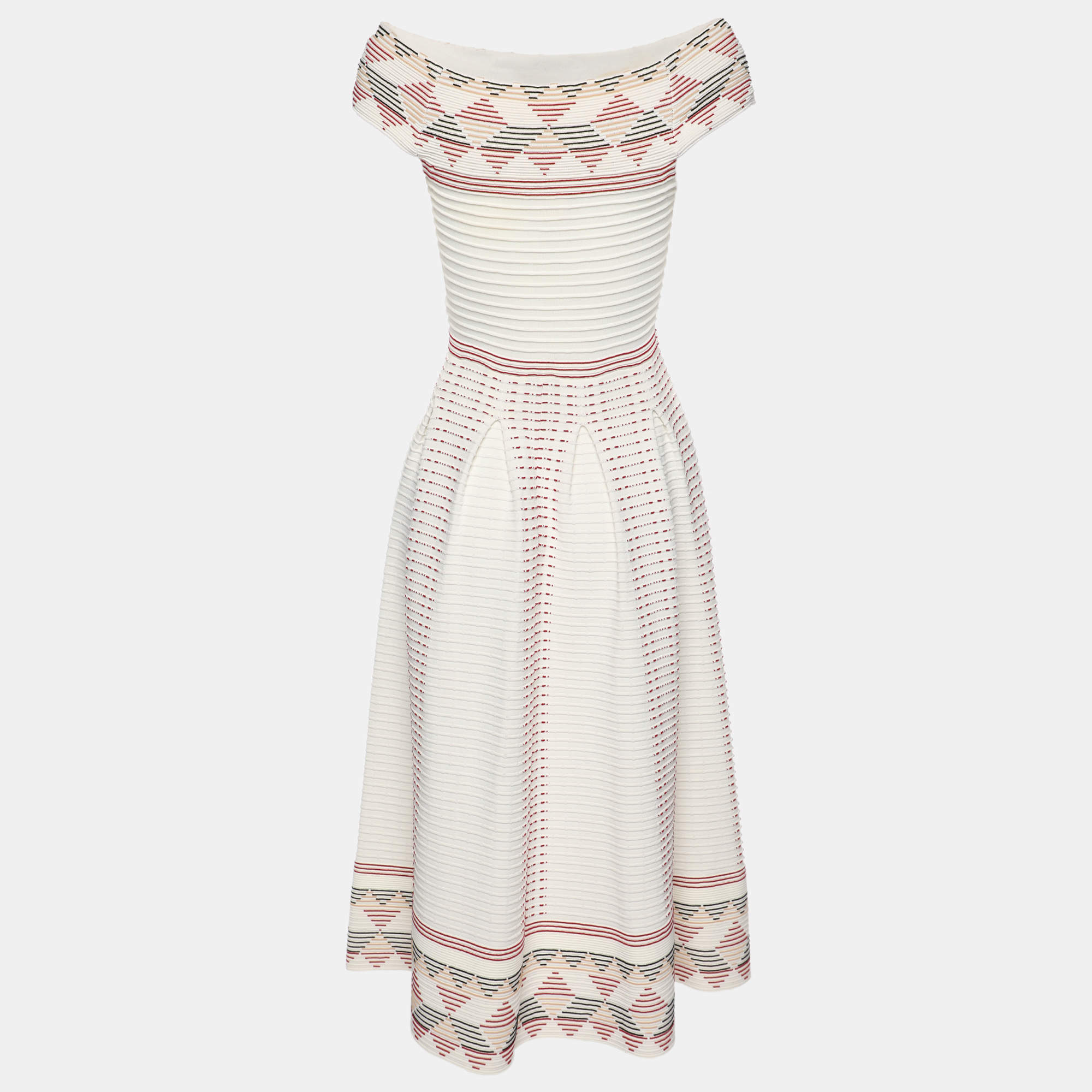 Pre Owned Maje White Striped Stretch Knit Midi Dress S