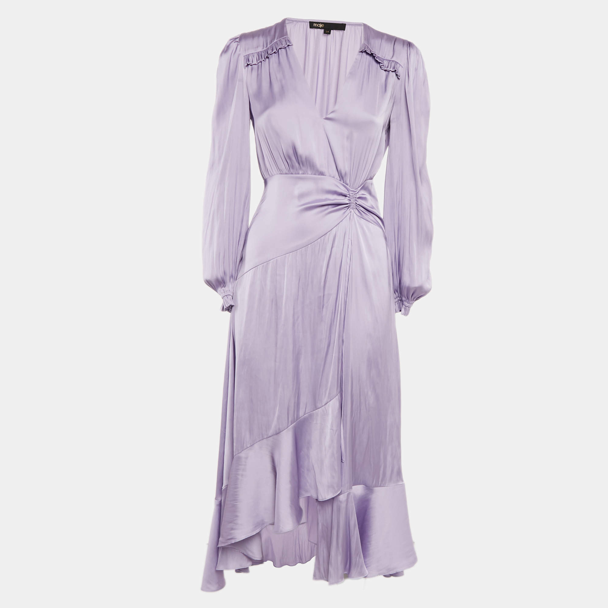 Pre Owned Maje Purple Satin Flounce Maxi Dress XS
