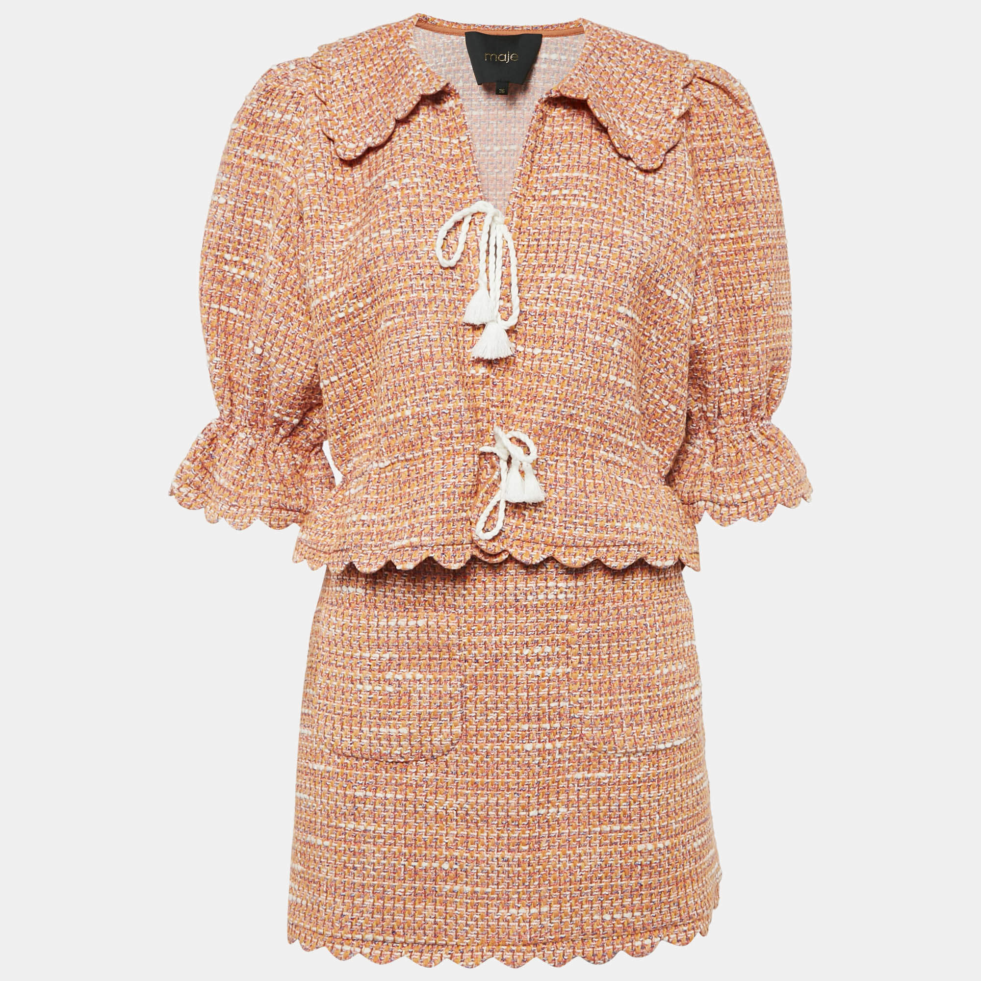 Maje Orange Tweed Tie-Up Jacket and Skirt Set S/M