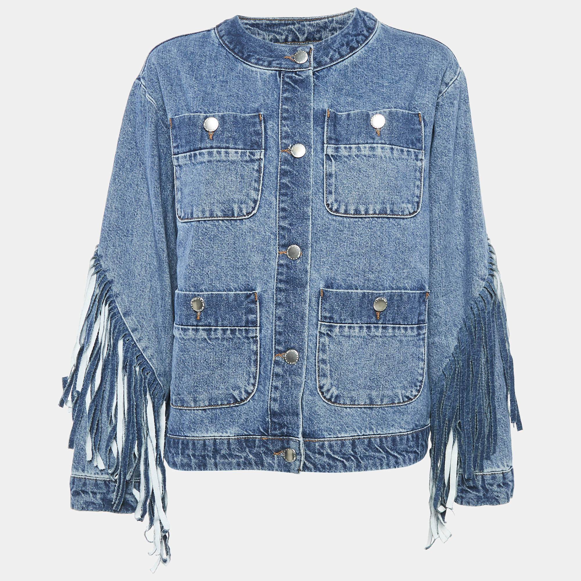 Maje Blue Fringed Denim Button Front Single Breasted Jacket L