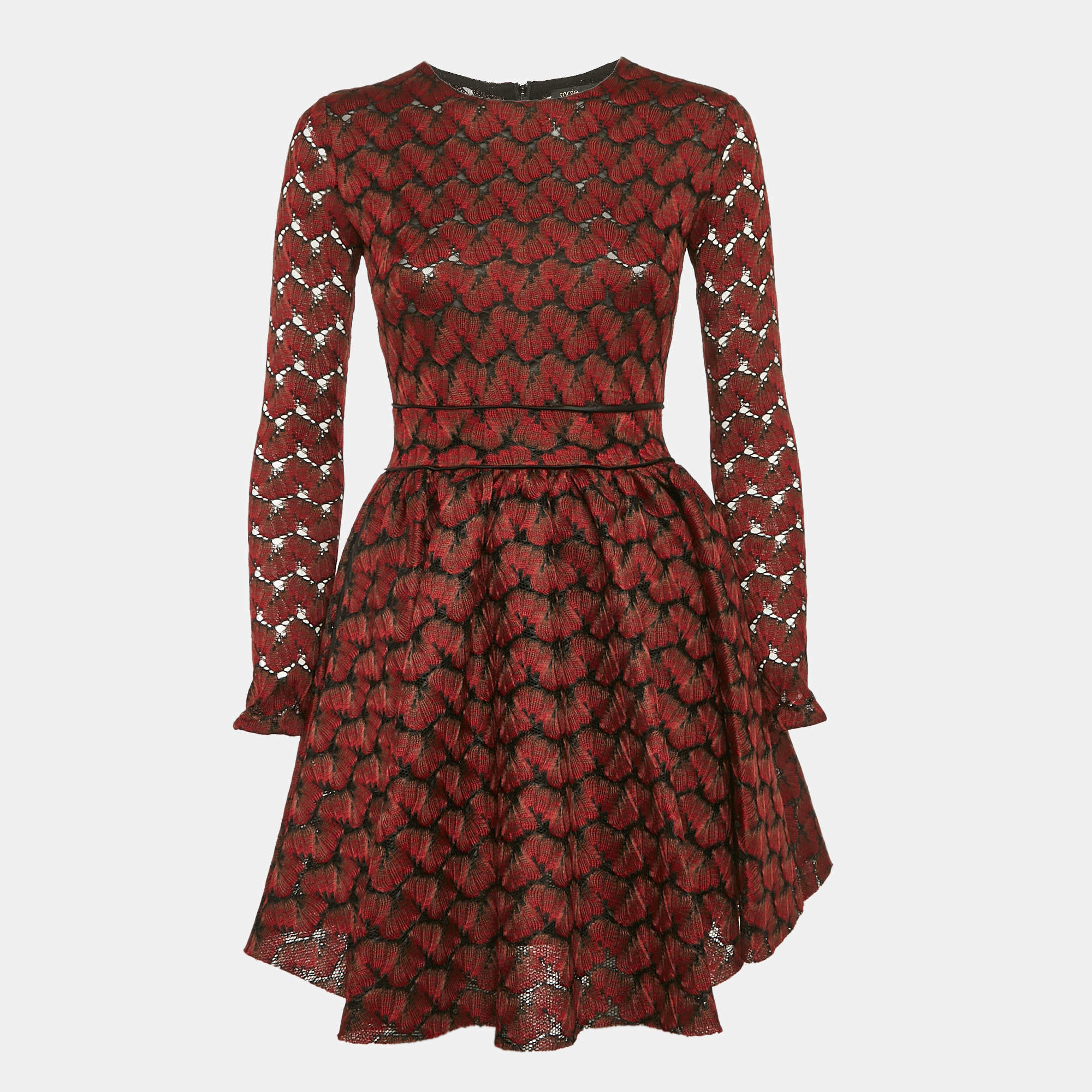 Pre Owned Maje Red Floral Embroidery Mesh Flared Mini Dress S