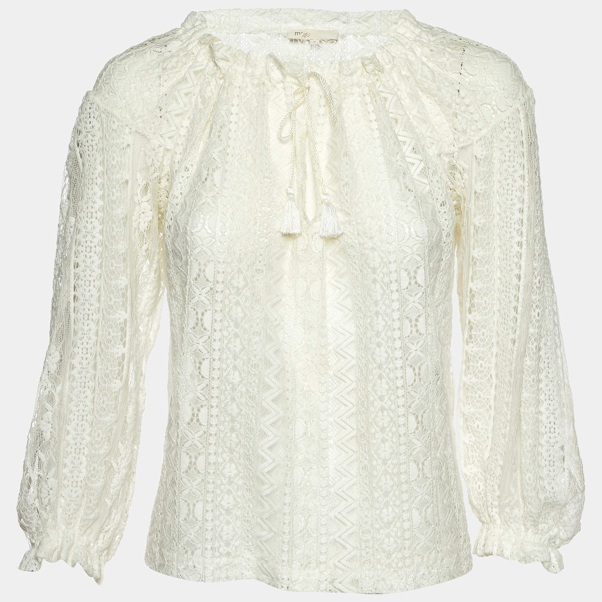 Maje White Lace Ruffled Sheer Blouse M