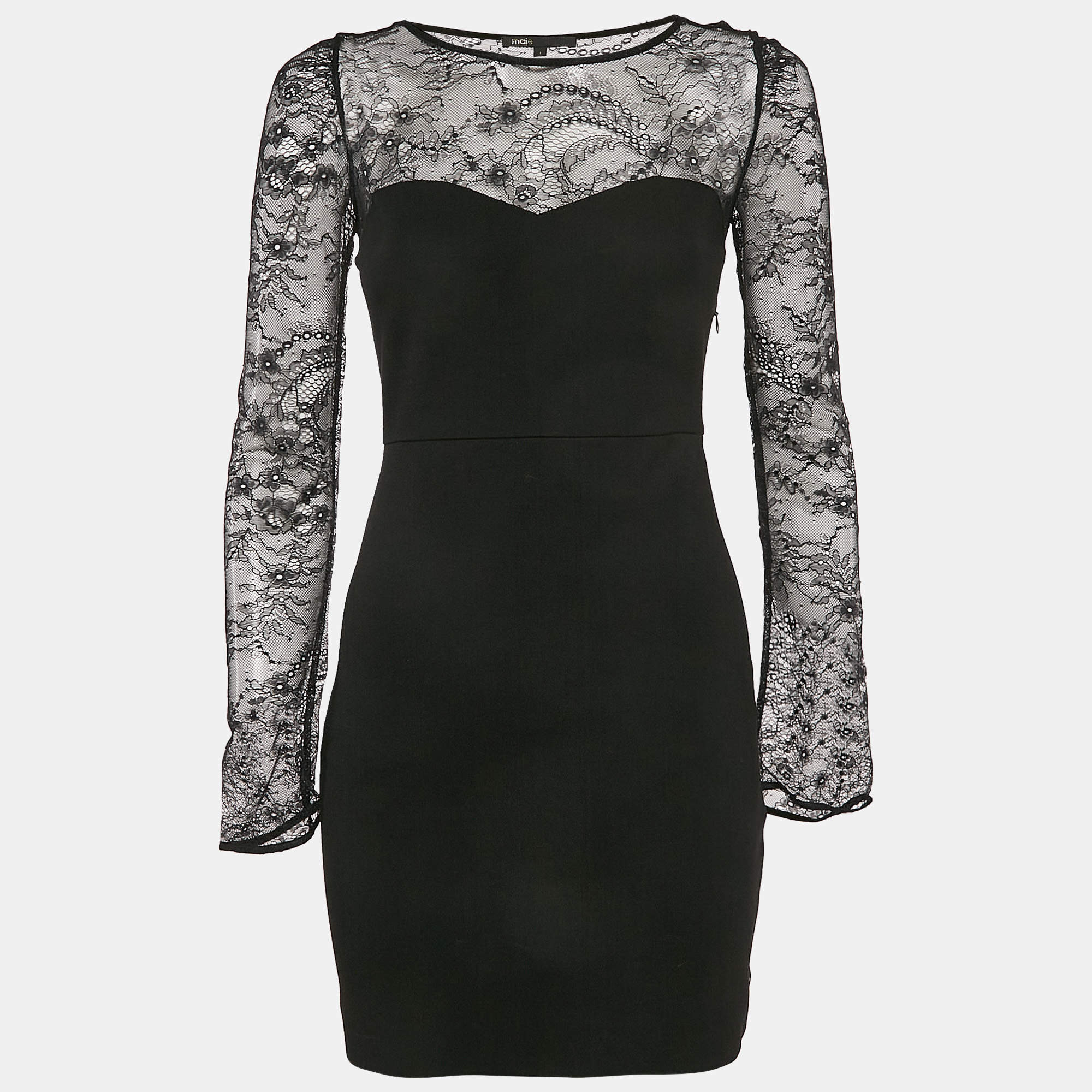 Pre Owned Maje Black Lace Trim Jersey Mini Dress S