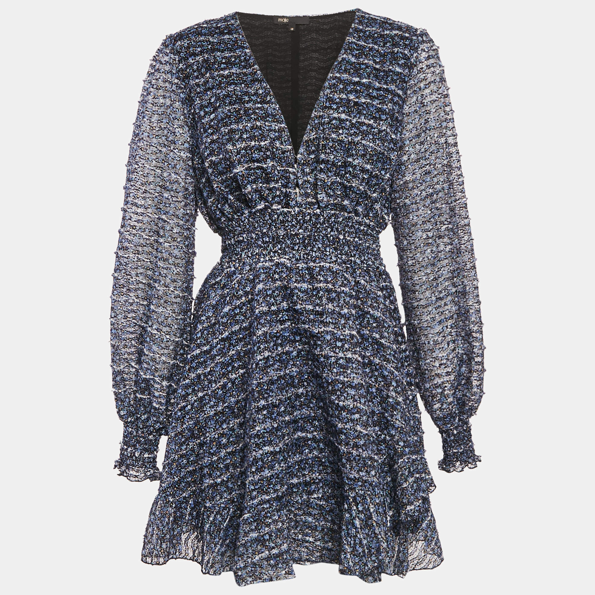 Pre Owned Maje Blue Patterned Stretch Knit Mini Dress M