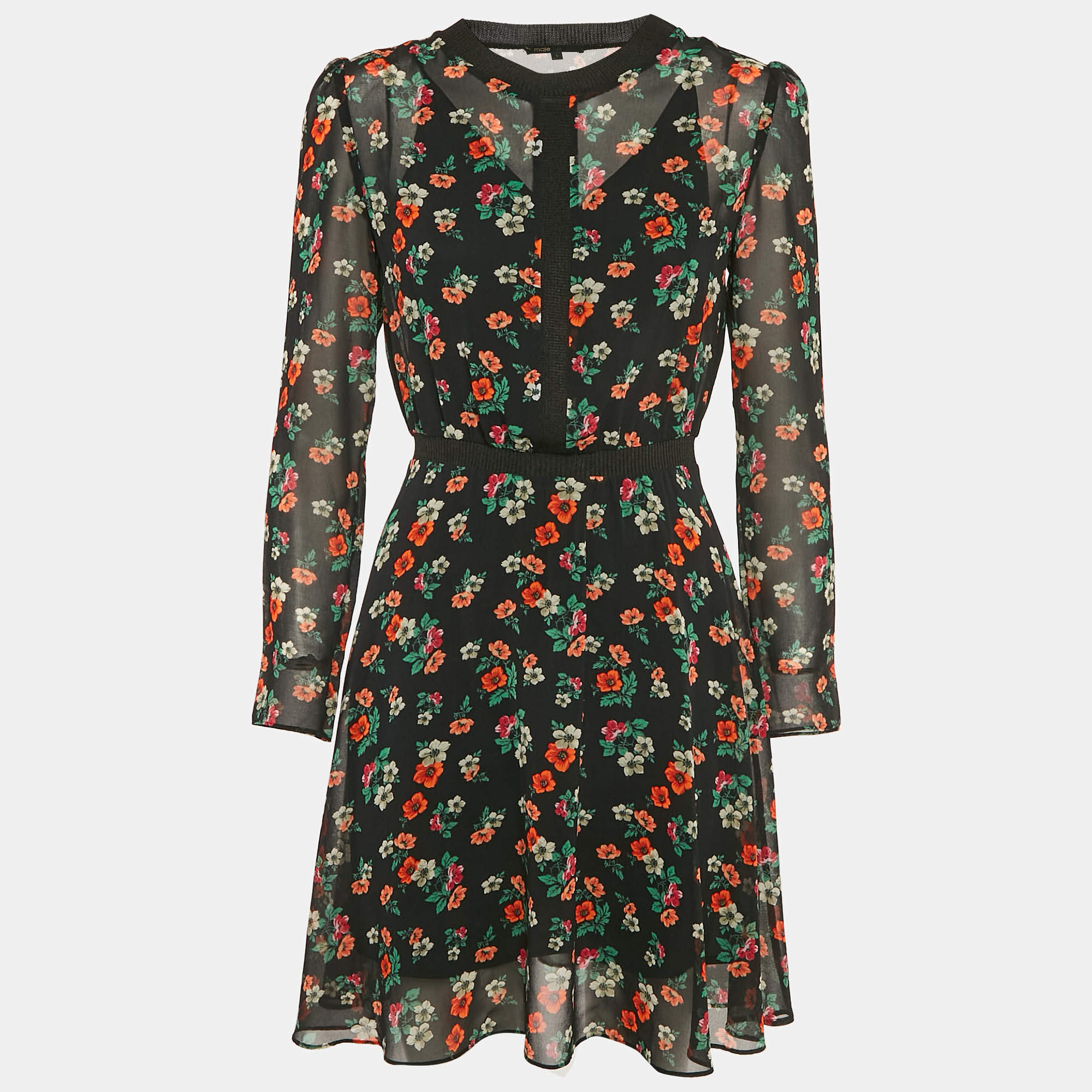 Pre Owned Maje Black Floral Print Chiffon Short Dress S