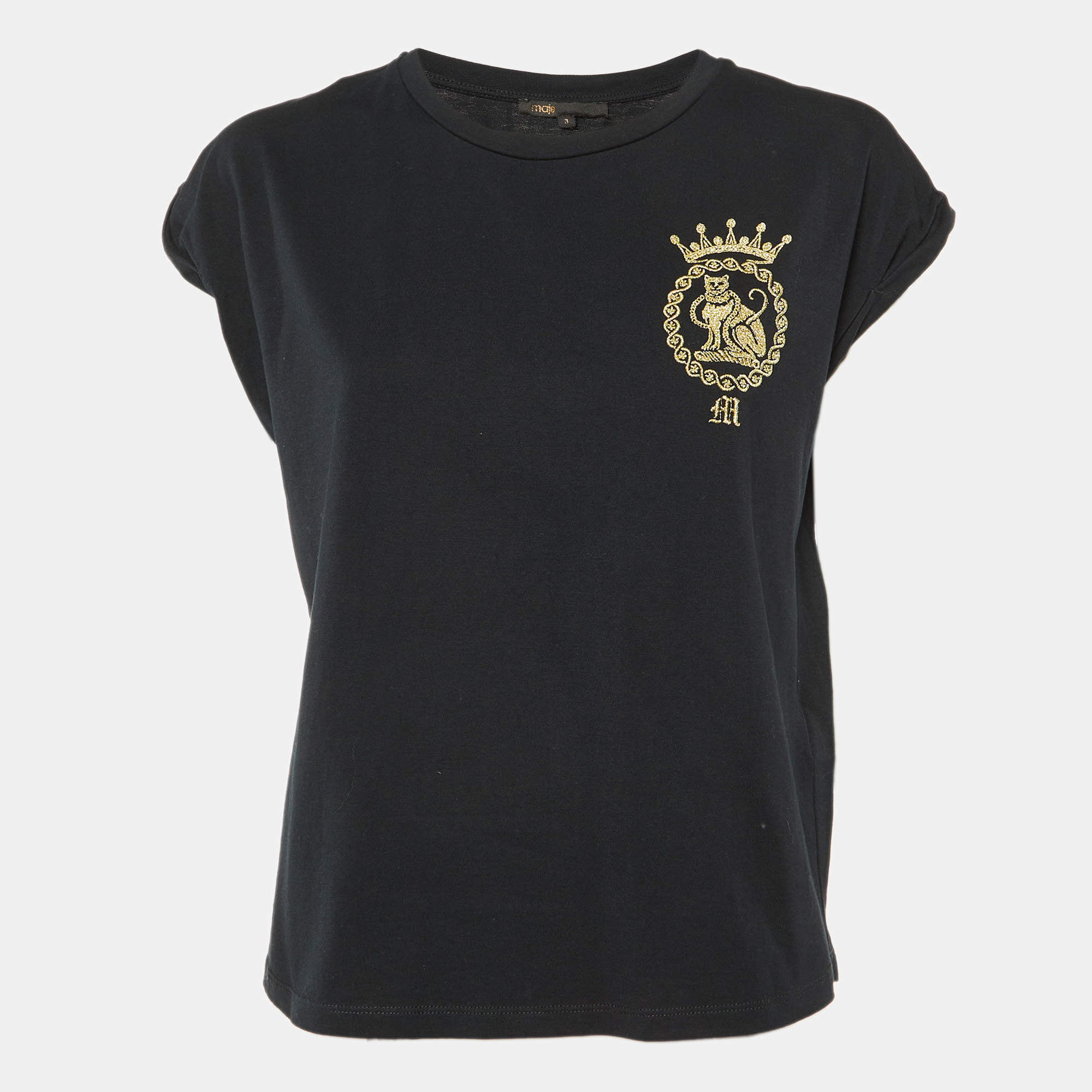 Maje Black Cotton Embroidered Torino Crew Neck T-Shirt L 