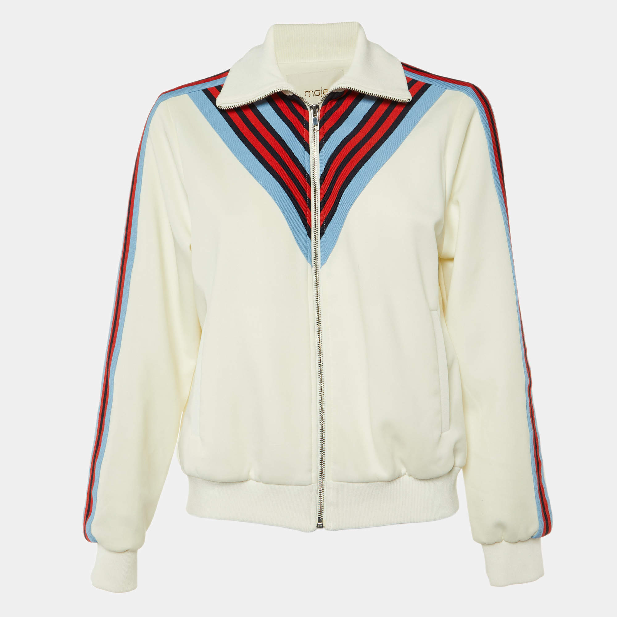 Maje White Jersey Striped Trim Manela Zip Up Jacket M