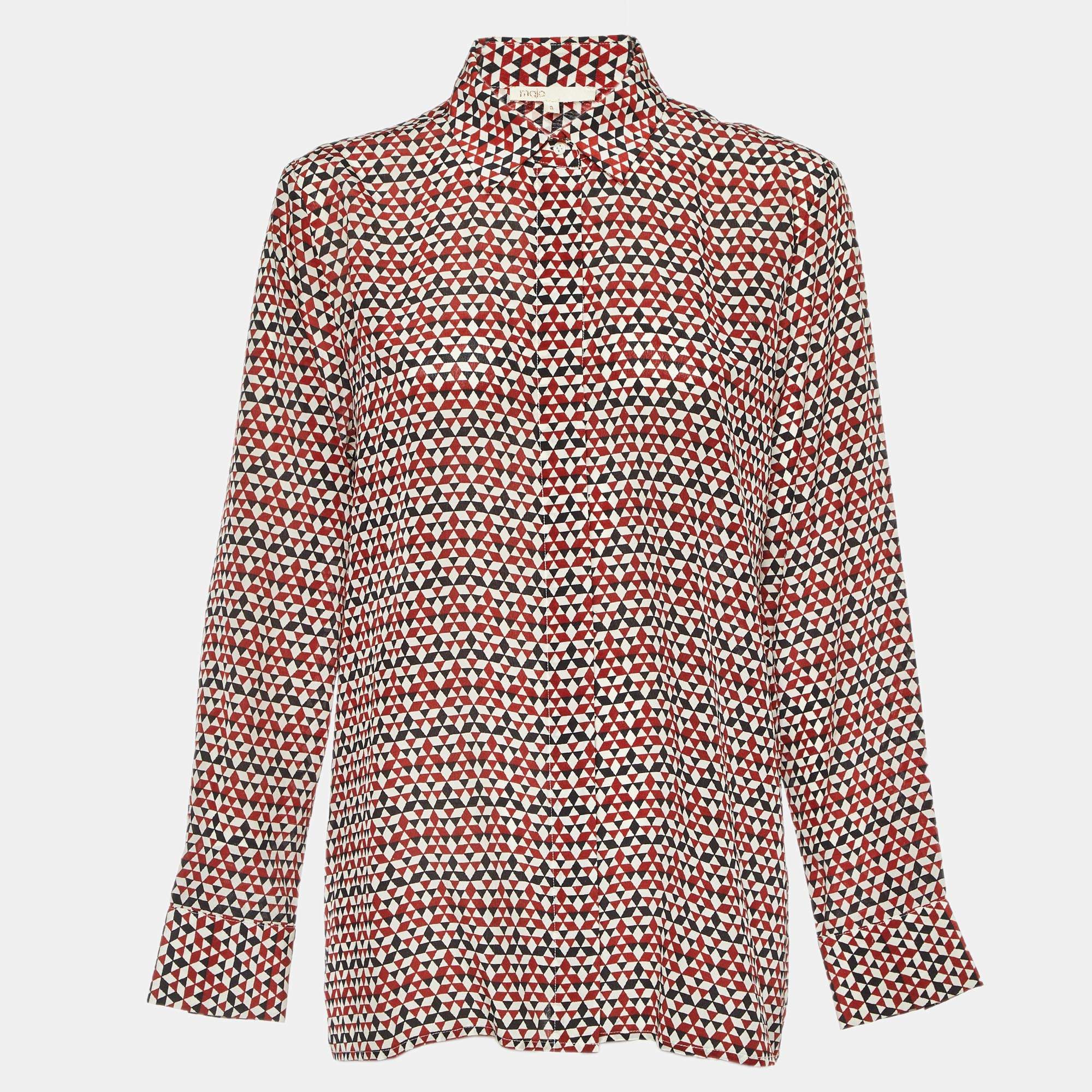Maje Tricolor Geometric Print Silk Button Front Shirt L