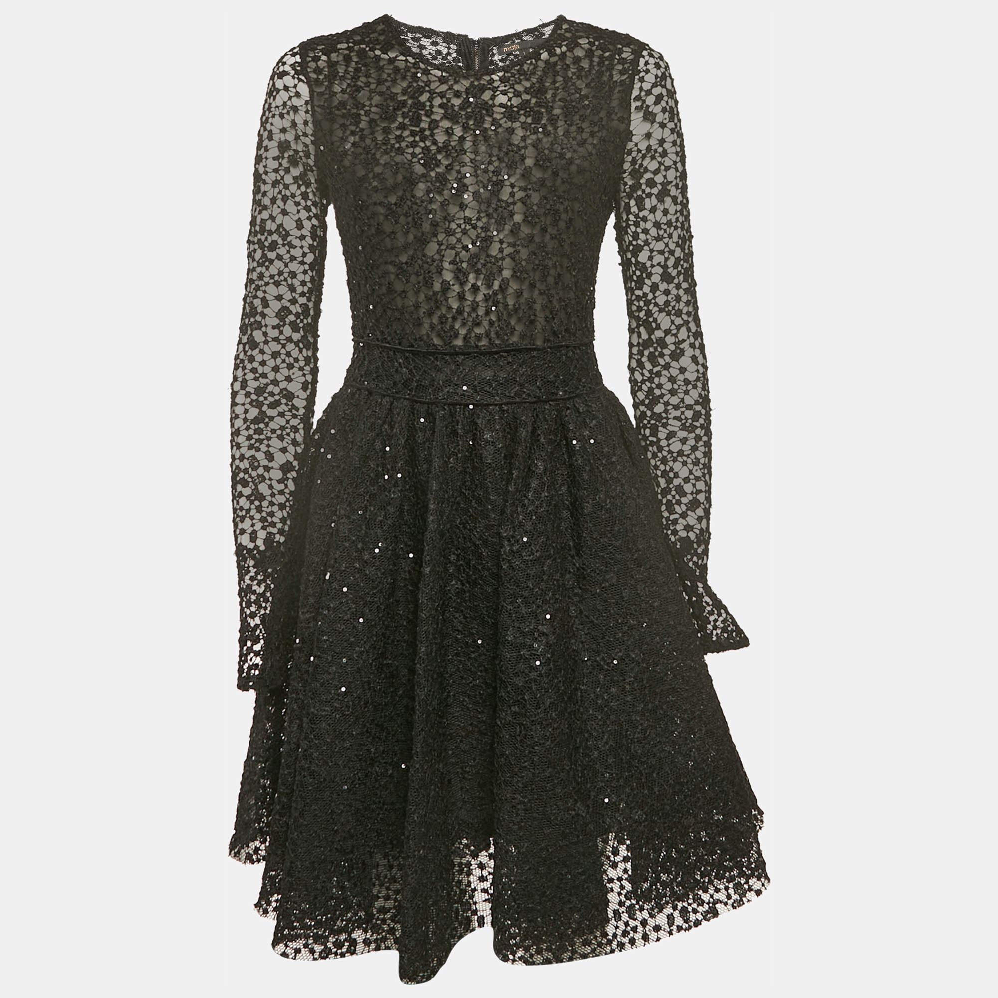 Pre Owned Maje Black Sequin Lace Round Neck Rapido Skater Dress S