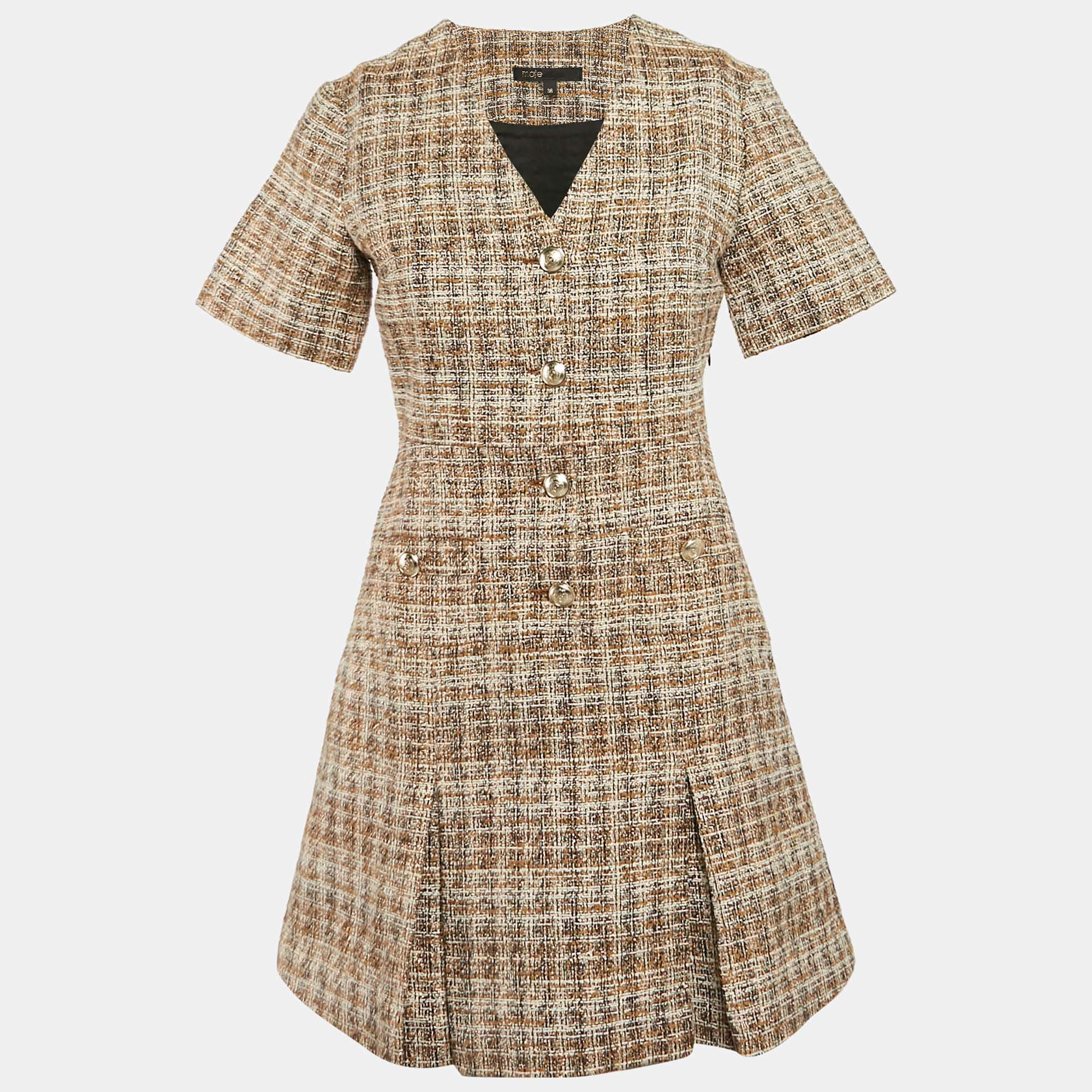 Maje Brown Lurex Tweed V-Neck Mini Dress S