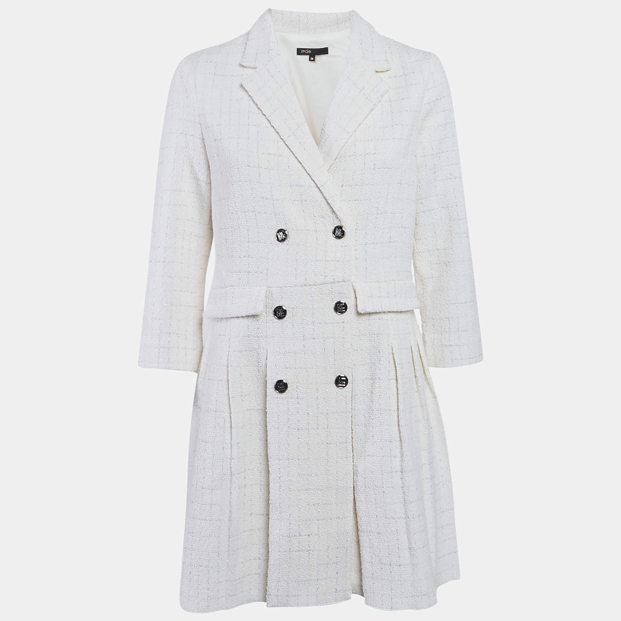 Pre Owned Maje Off-White Tweed Pleated Double Breasted Short Dress S