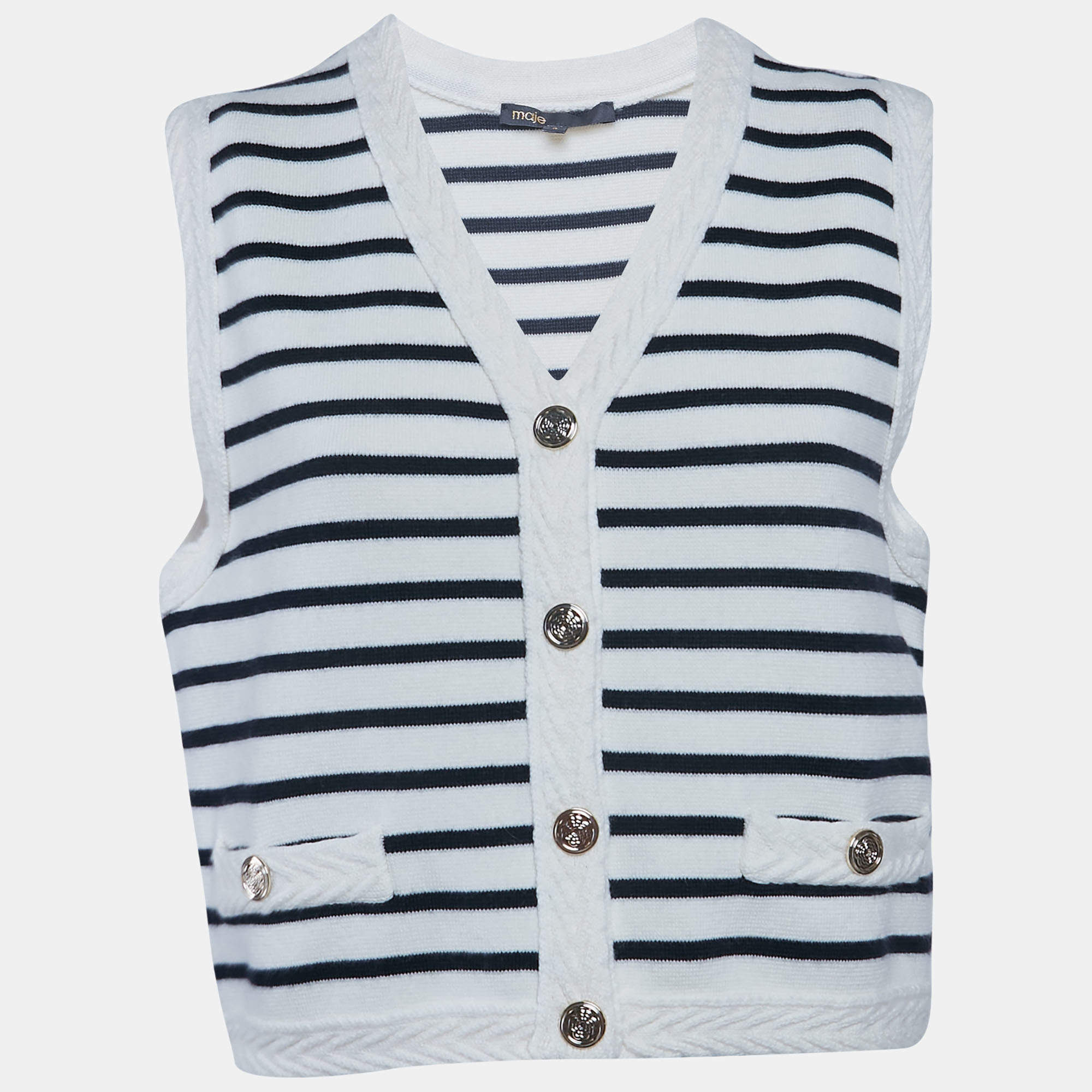 Maje Navy Blue/White Stripe Wool Blend Knit Sleeveless Cardigan L