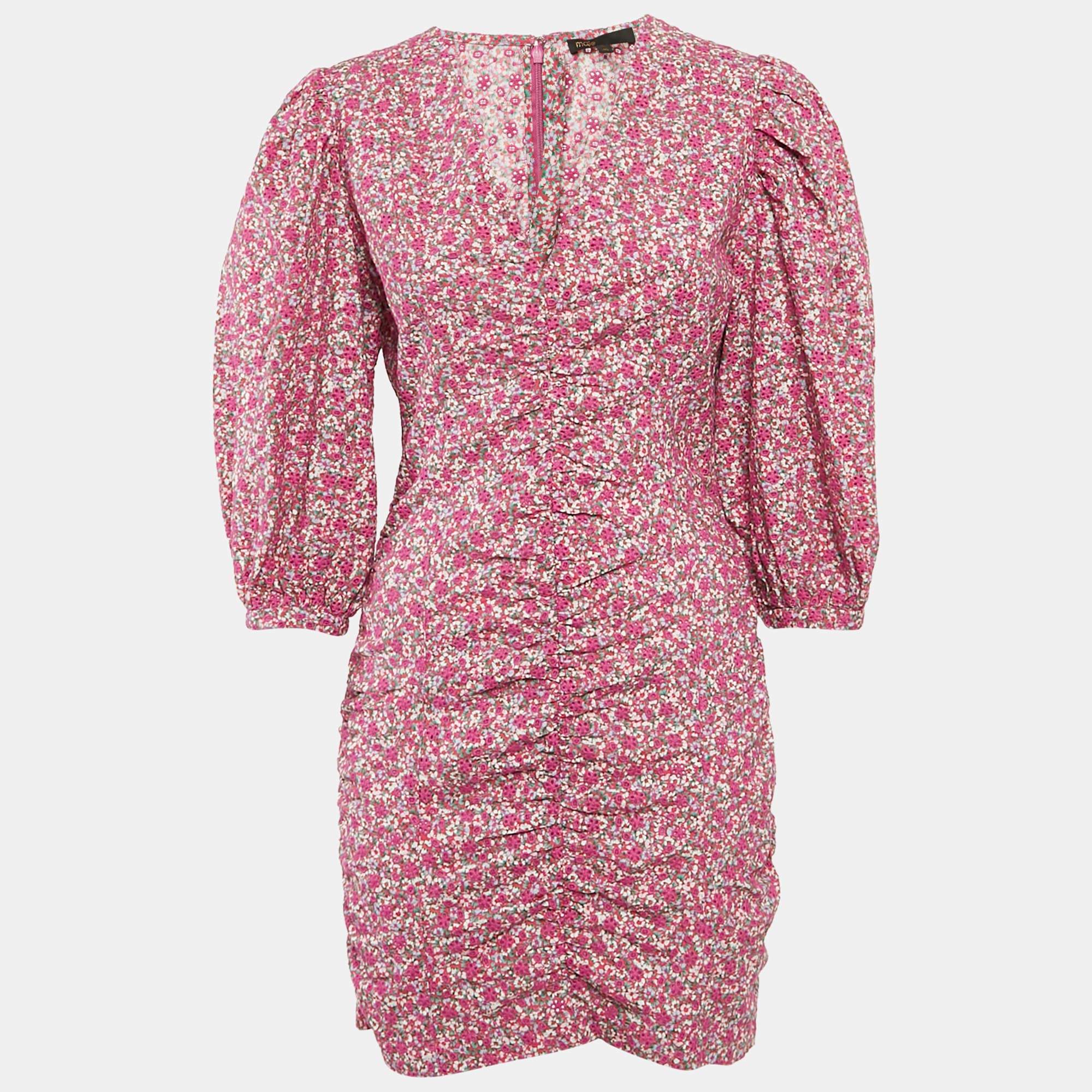 Pre Owned Maje Fuchsia Pink Floral Print and Embroidery Puff Sleeve Mini Dress L