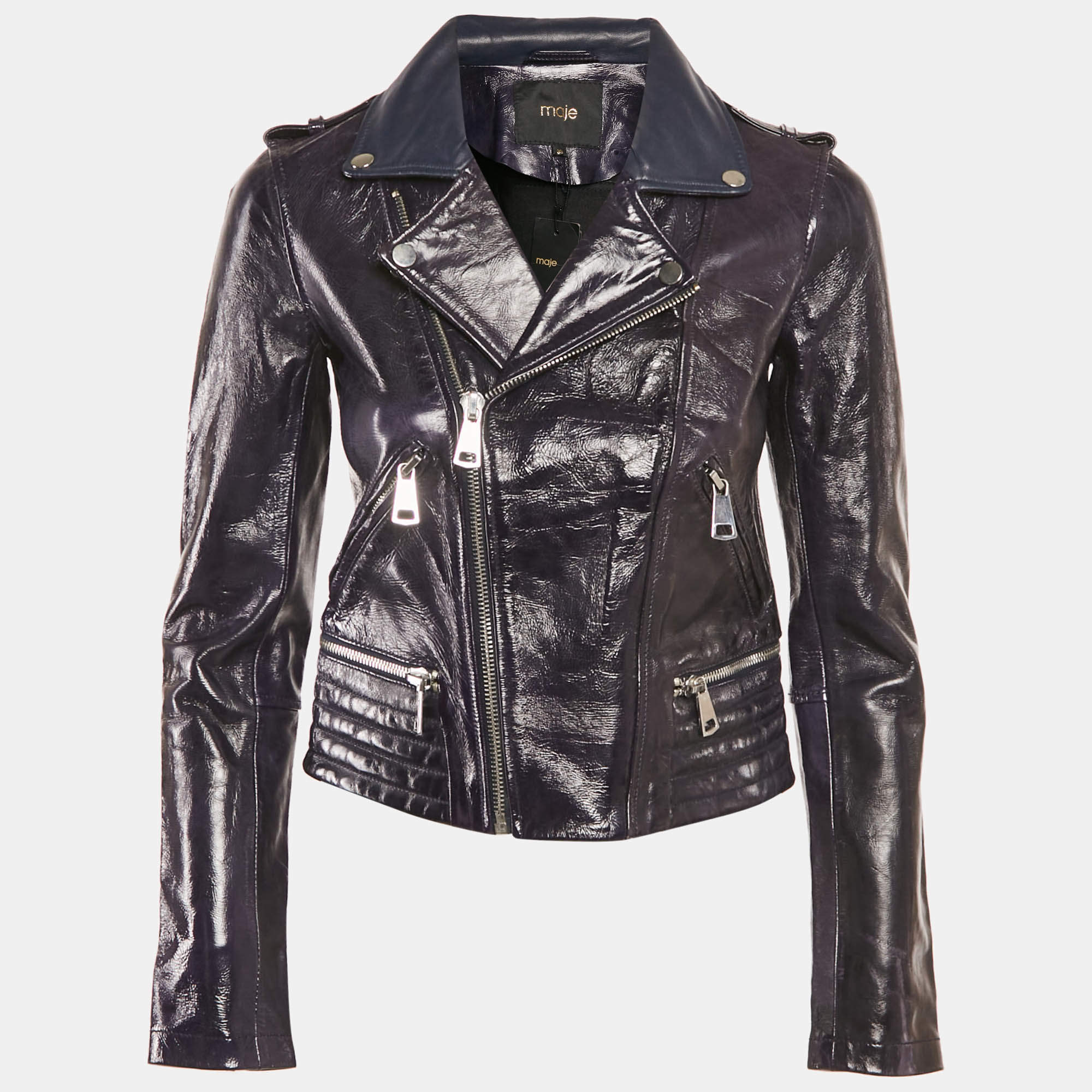 Maje Marine Blue Leather Zip-Up Basali Jacket S