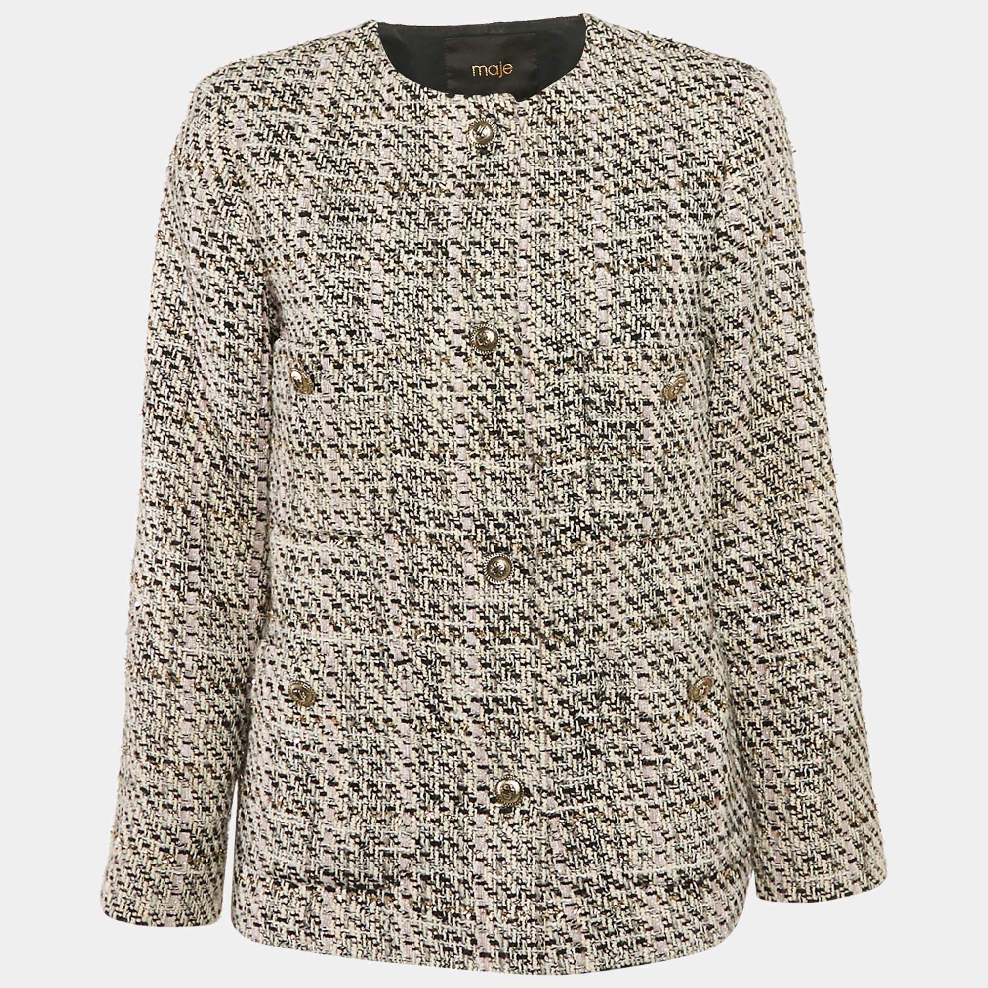Maje Pink/Multicolor Lurex Tweed Button Front Jacket L