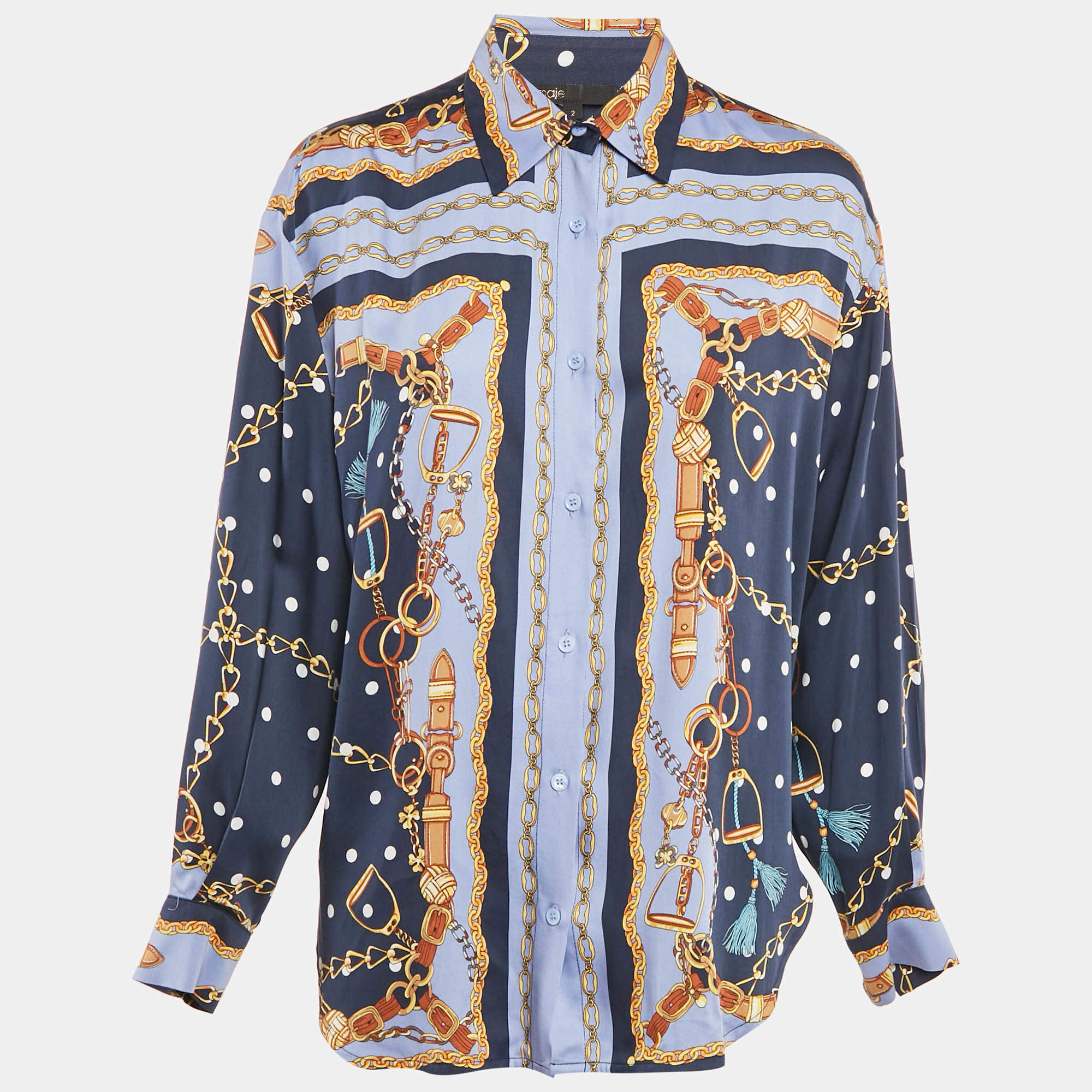 Maje Blue/Multicolor Chain Print Viscose Crop Top and Shirt Set M