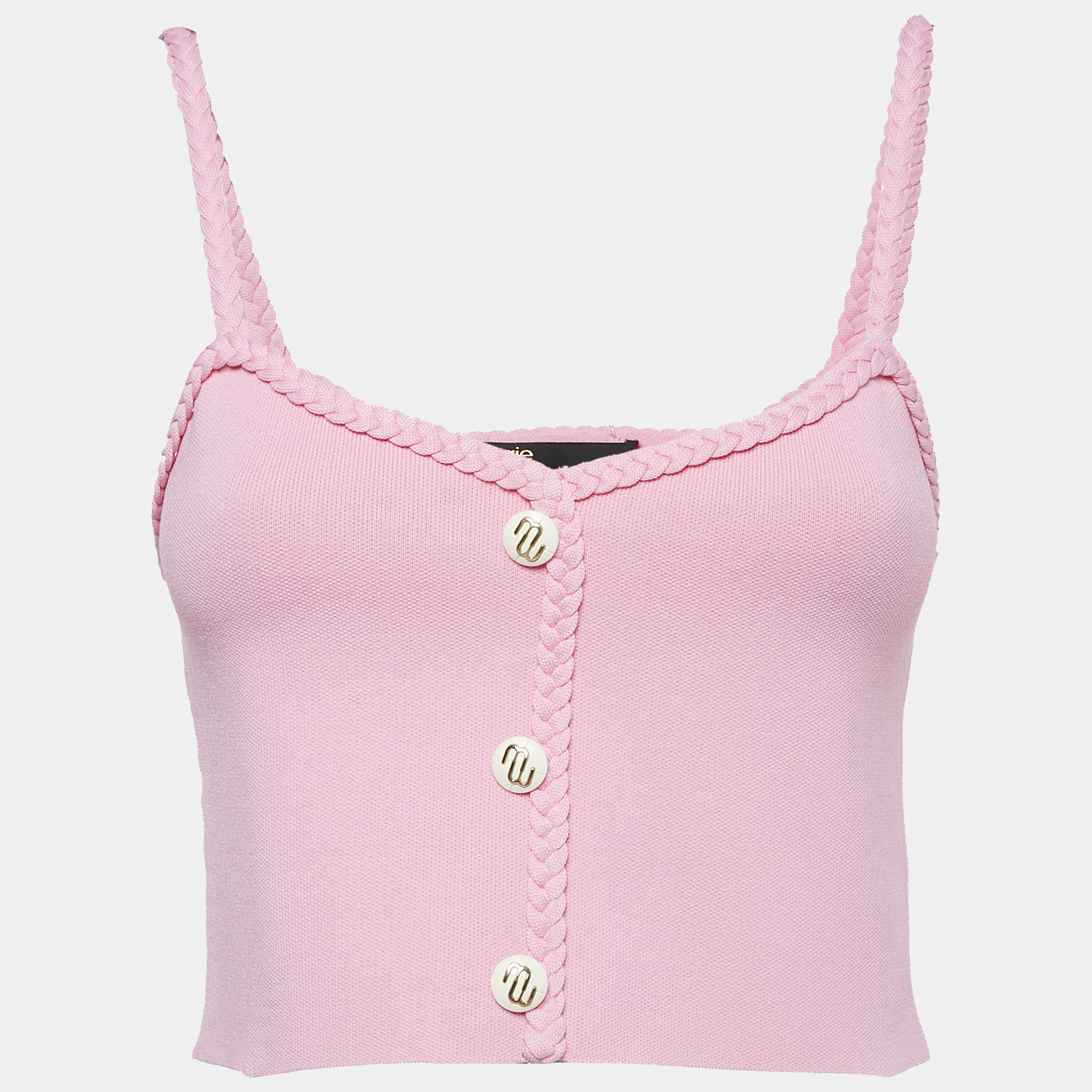 Pre Owned Maje Pink Knit Madeny Braid Trimmed Sleeveless Crop Top S