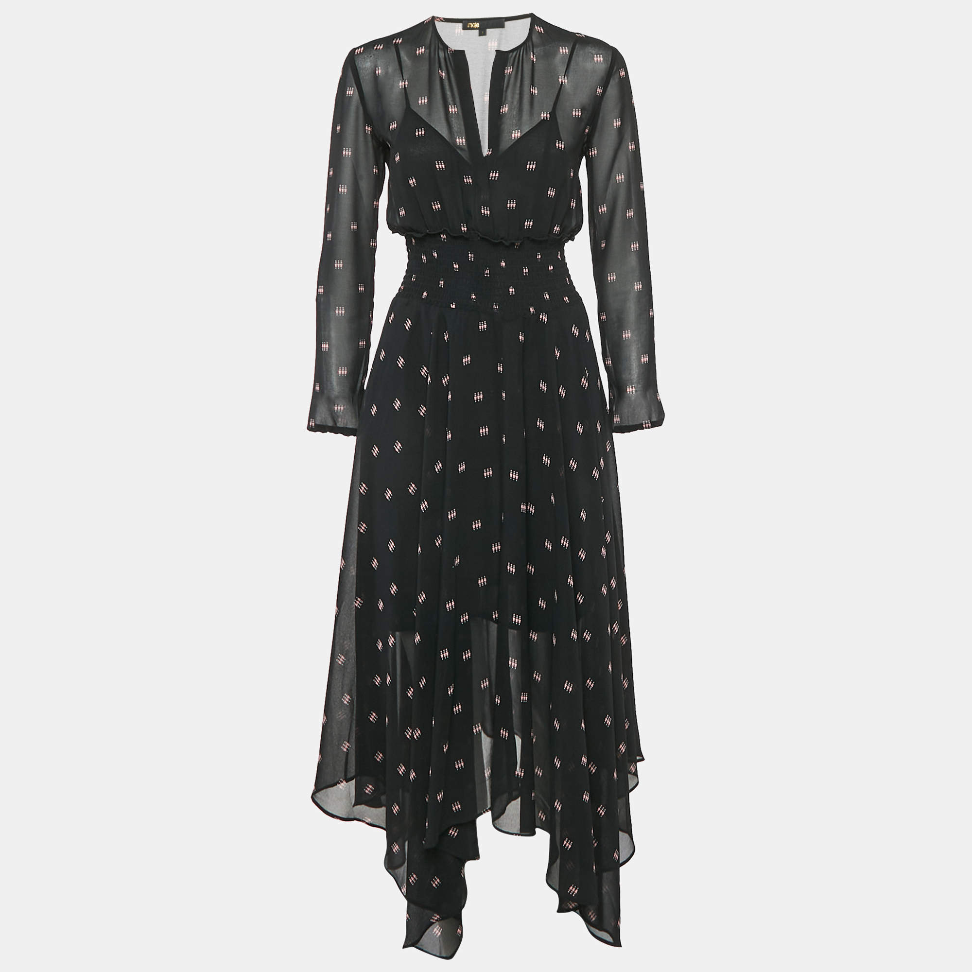 Pre Owned Maje Black Printed Chiffon Shirring Midi Dress S