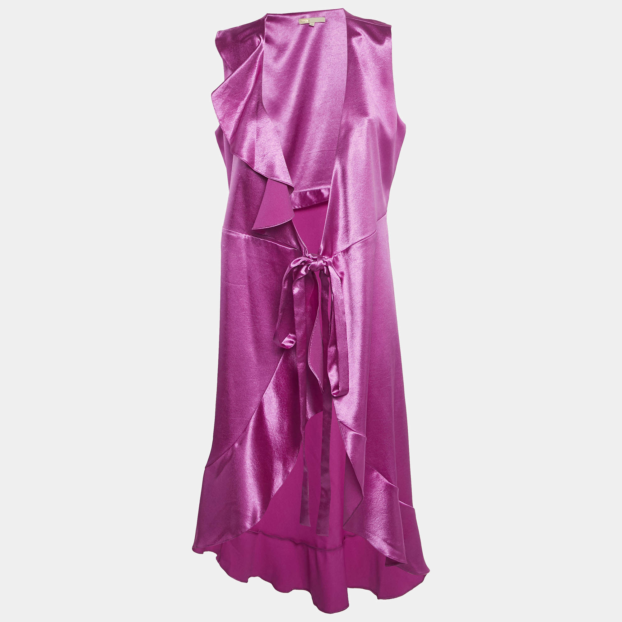 Maje Fuchsia Pink Satin Sleeveless Ripple Wrap Dress M