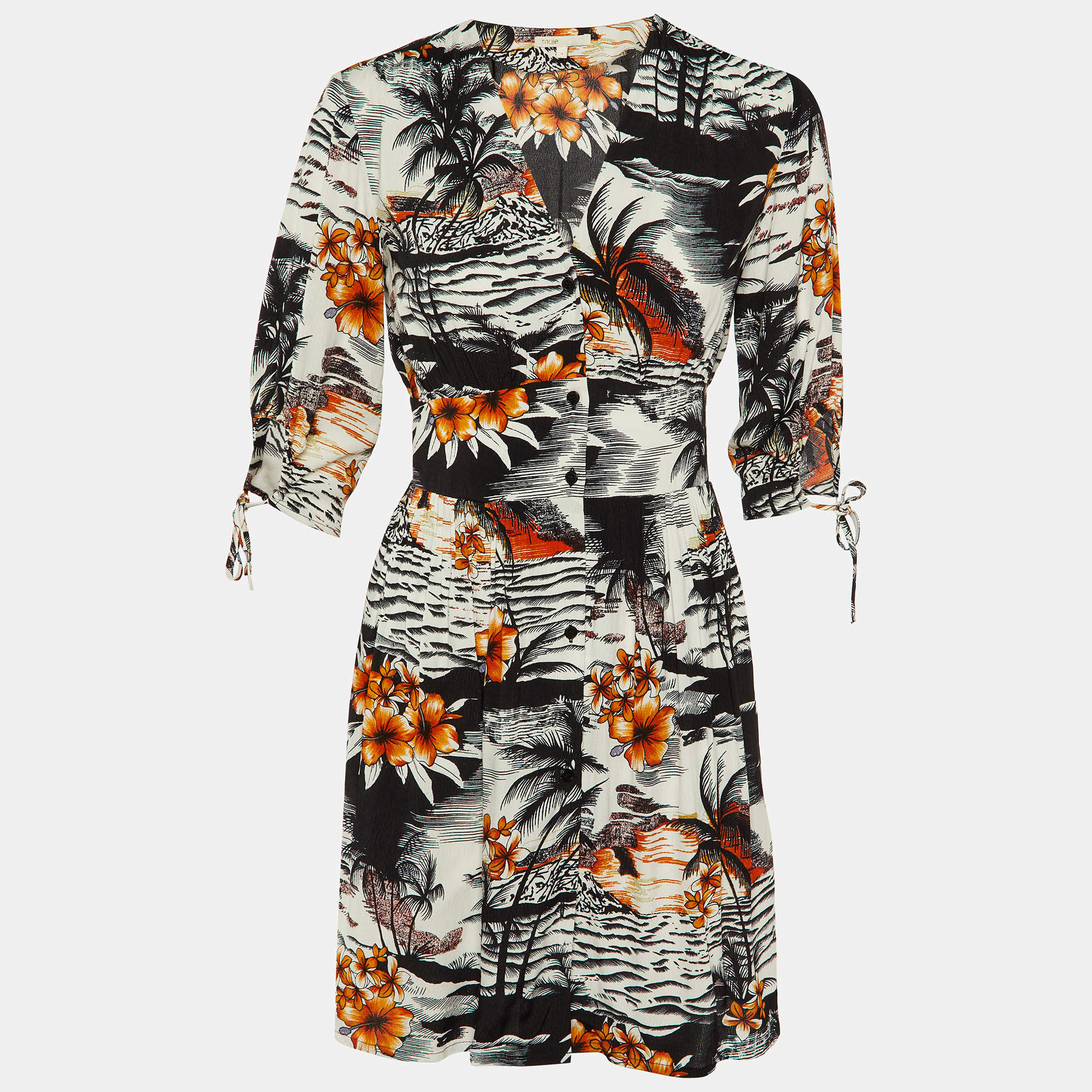 Maje Black Tropical Print Crepe Rolina Mini Dress M