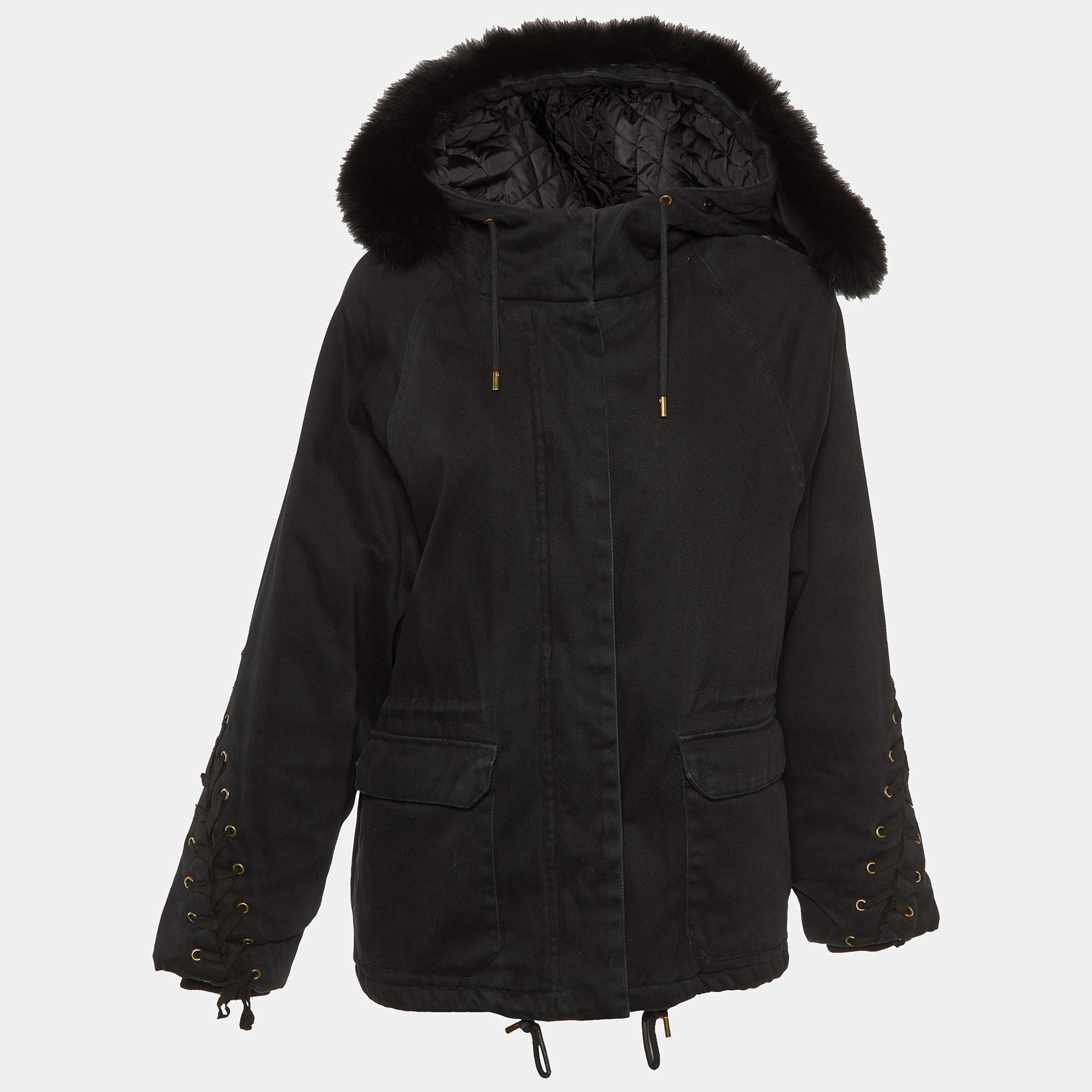 Maje Black Cotton Twill Fur Lined Hooded Jacket M
