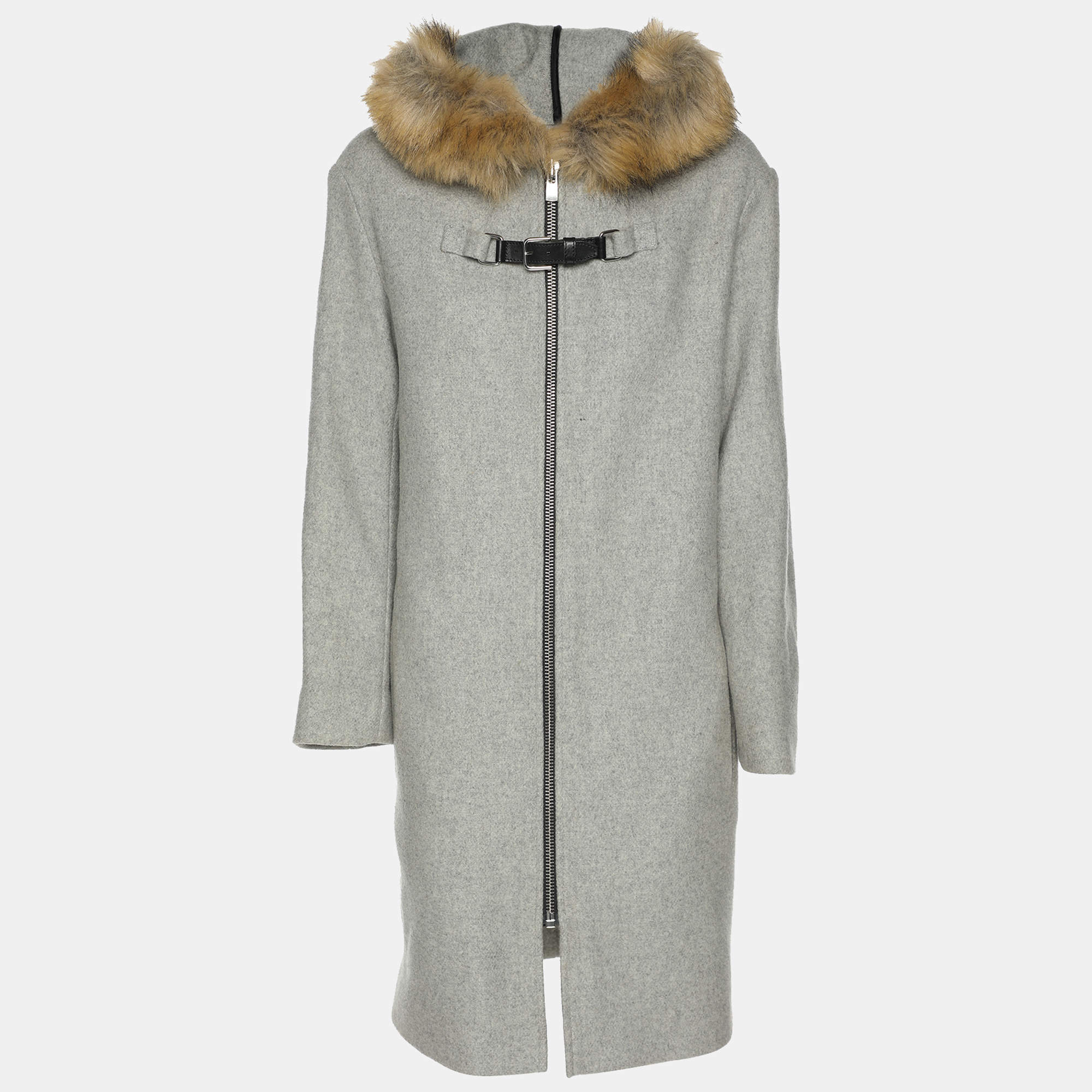 Maje Grey Wool Blend and Faux Fur Hood Coat S
