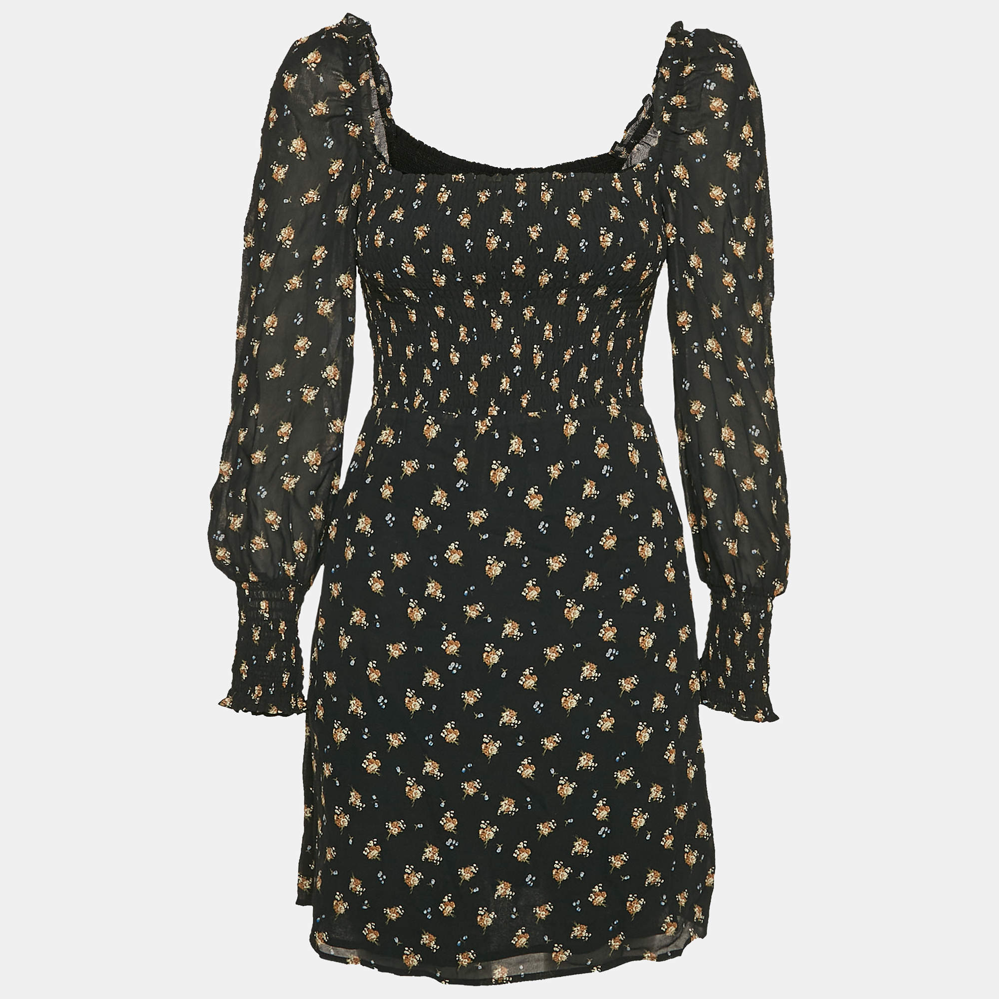 Pre Owned Maje Black Floral Print Crepe Smocking Detail Mini Dress M