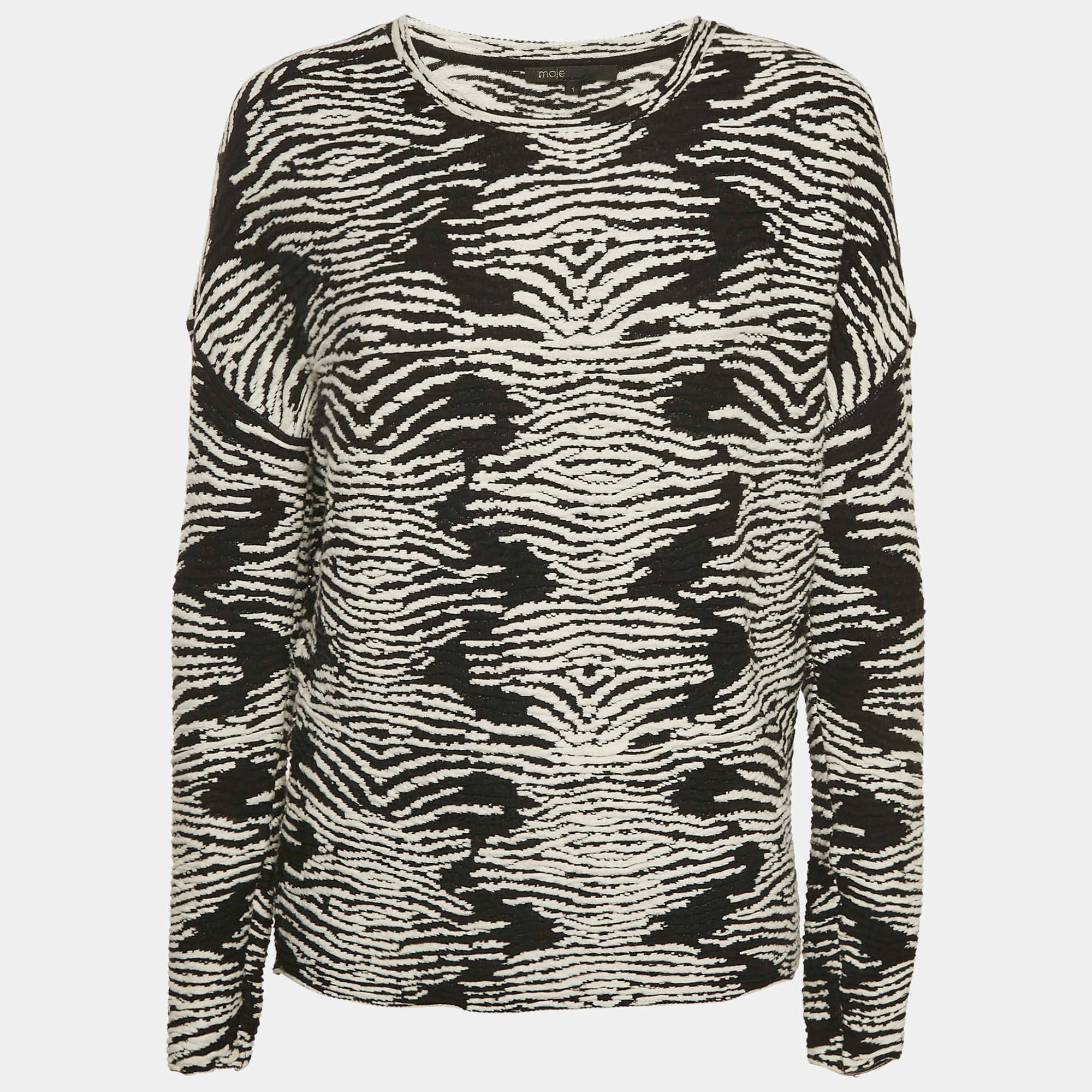Maje Black/White Textured Knit Long Sleeve Top S