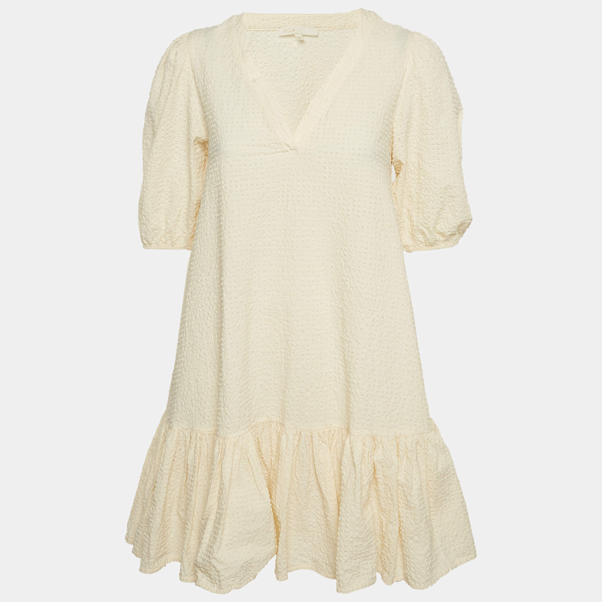 Maje Cream Seersucker Flounce Mini Dress S