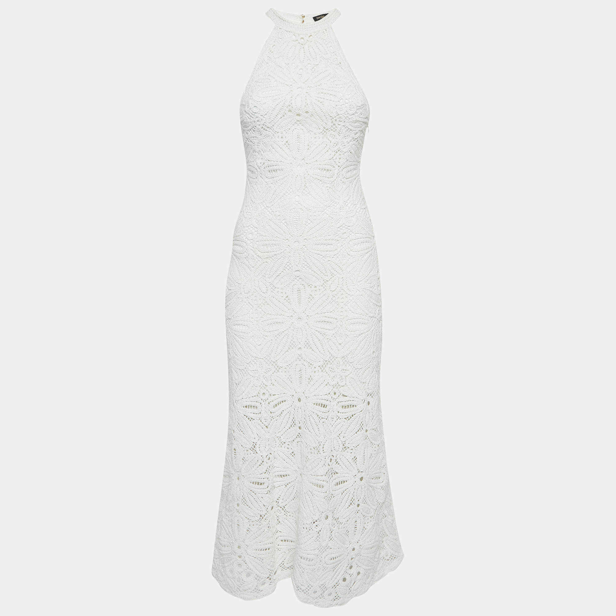 Maje White Floral Pattern Crochet Sleeveless Midi Dress S