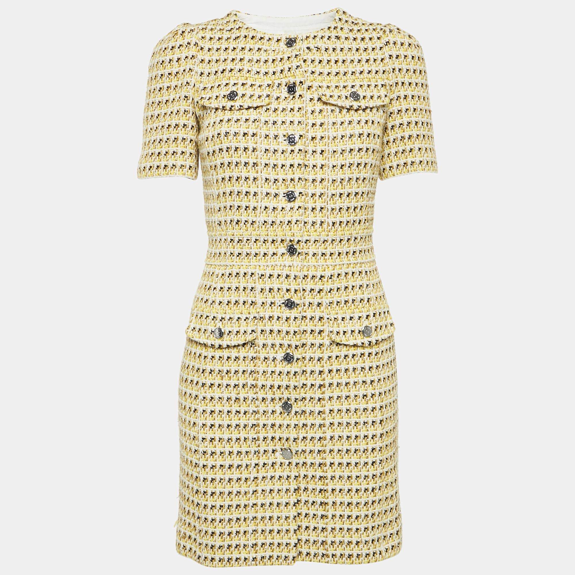 Pre Owned Maje Yellow Tweed Mini Dress S