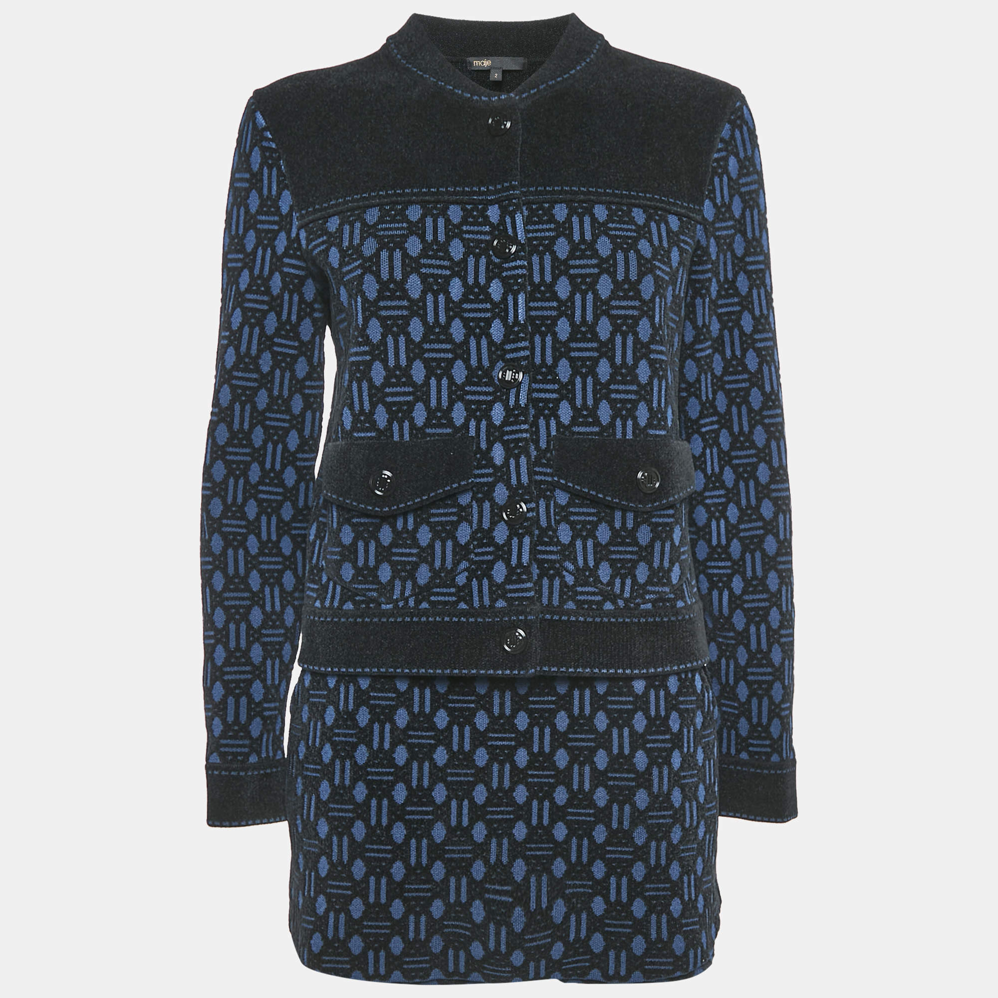 Maje Navy Blue Monogram Jacquard Jacket and Skirt Set M