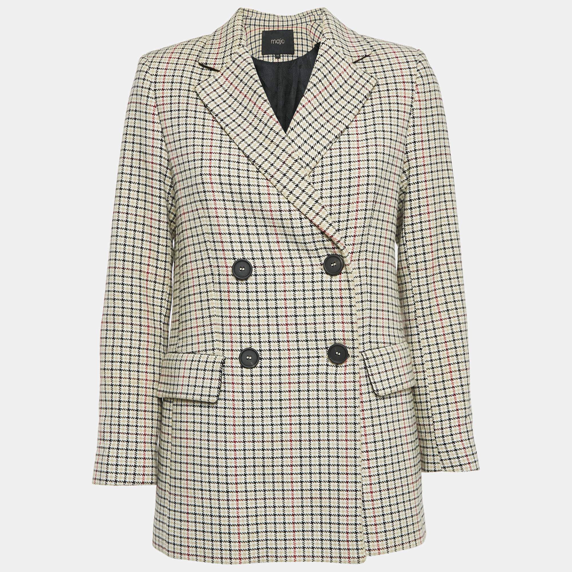 Maje Beige Checks Cotton Double Breasted Jacket S
