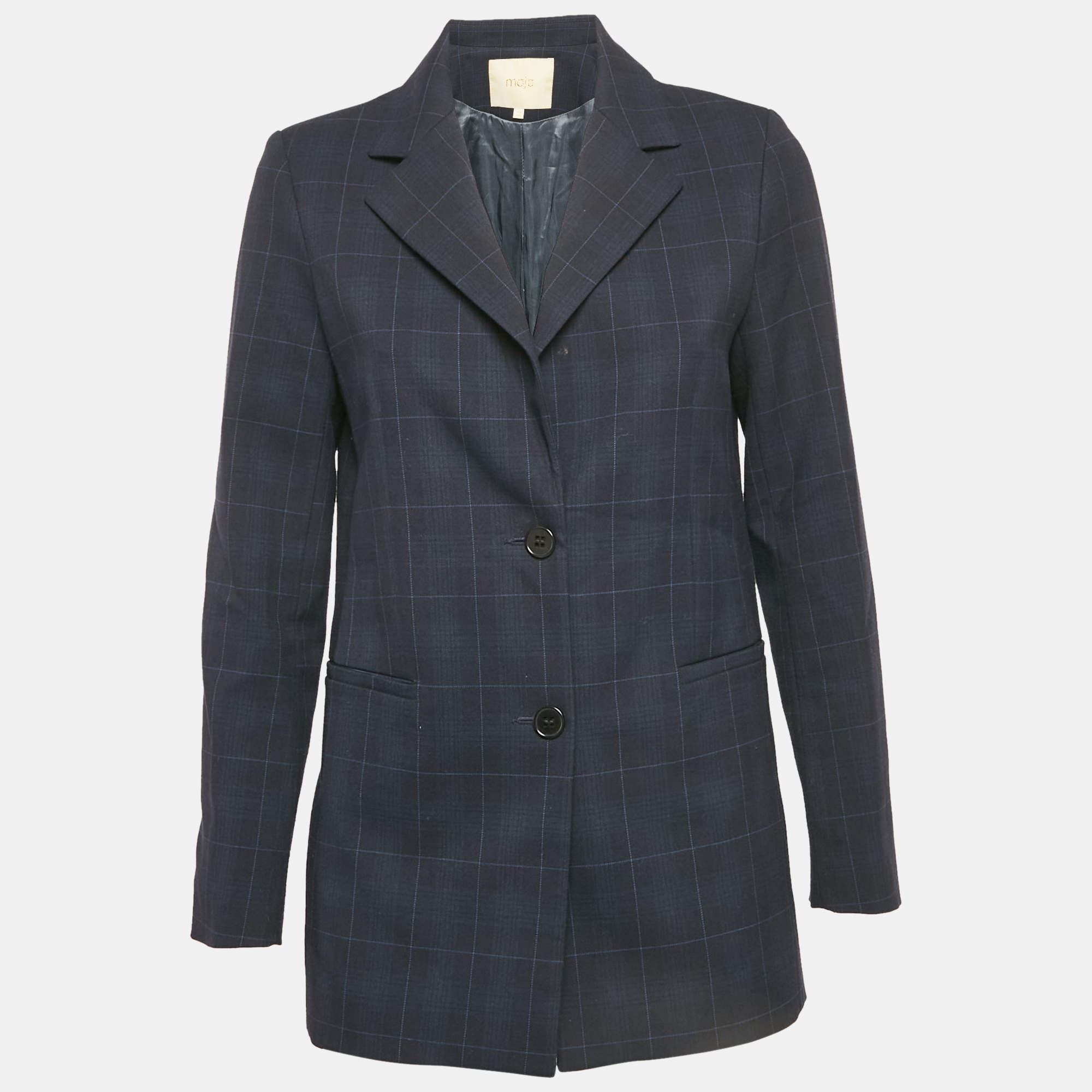 Pre Owned Maje Navy Blue Checks Gabardine Blazer S