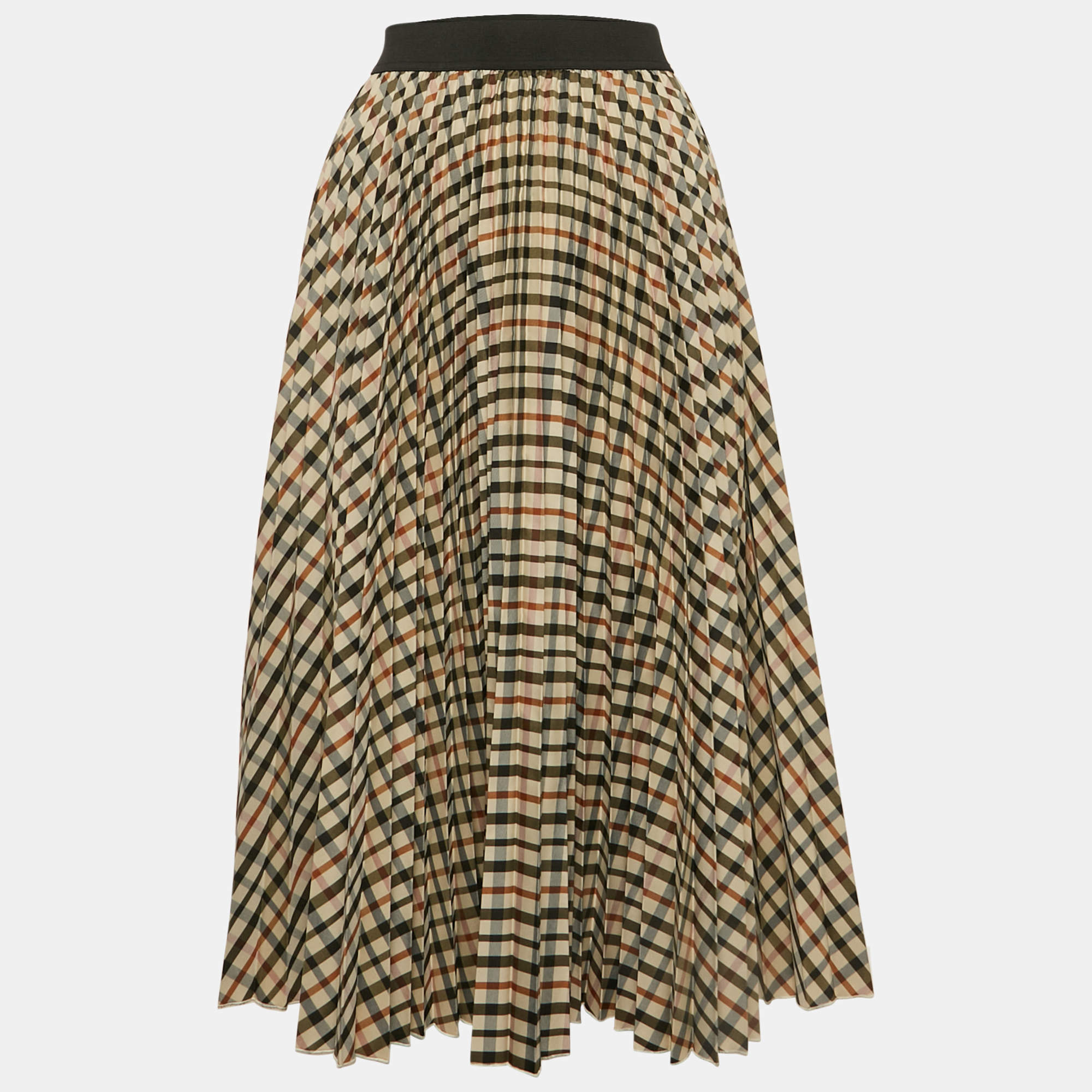 Pre Owned Maje Beige Checks Crepe Plisse Midi Skirt M