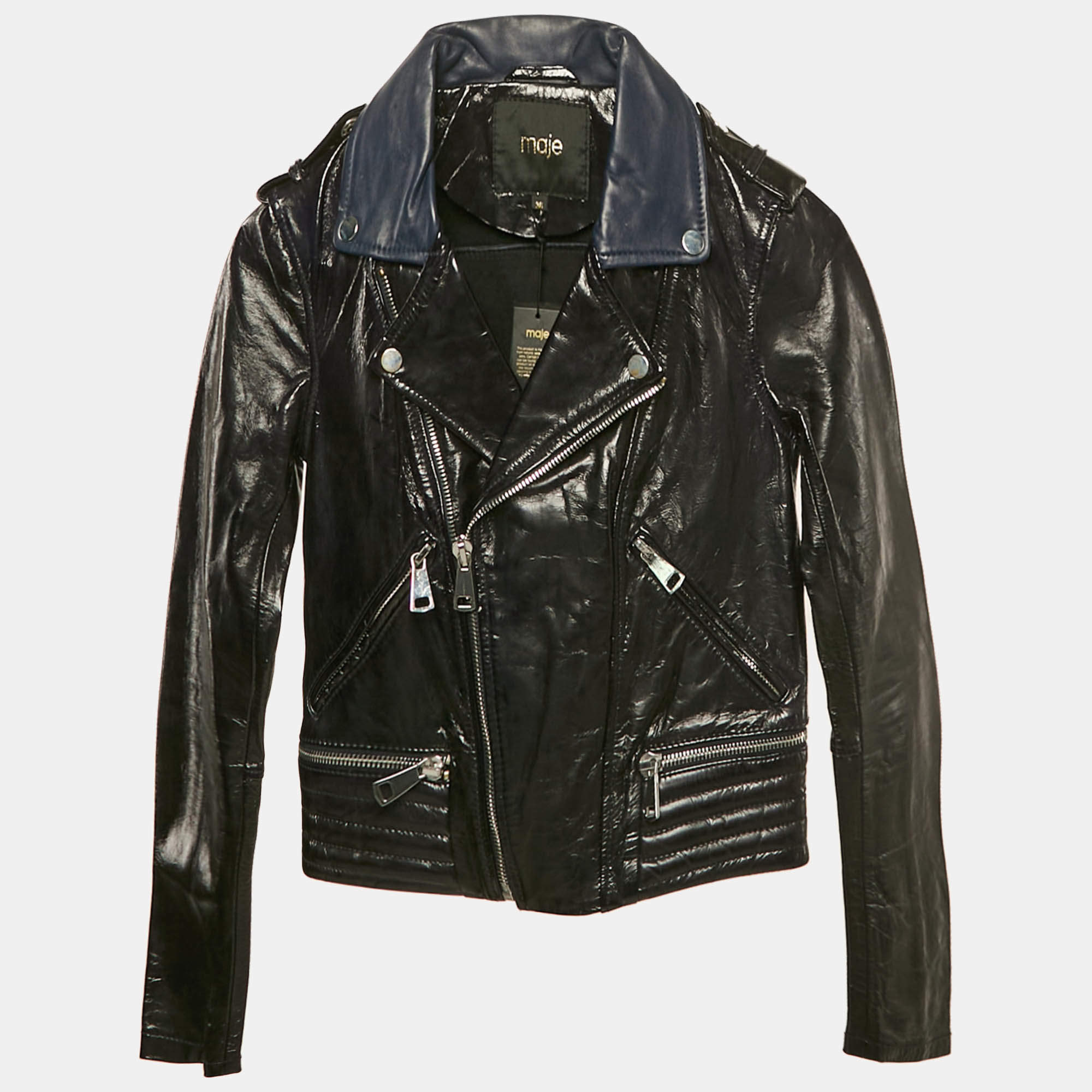 Maje Navy Blue Leather Zip-Up Leather Jacket S