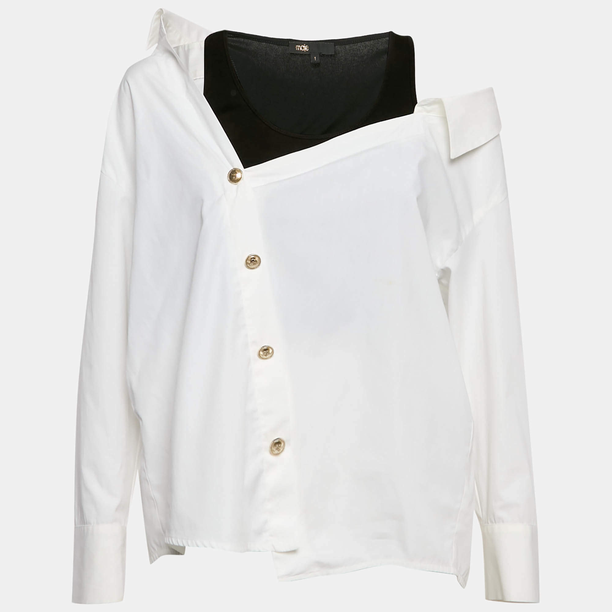 Maje White Cotton Liamicia Asymmetric Trompe L'Oeil Shirt S