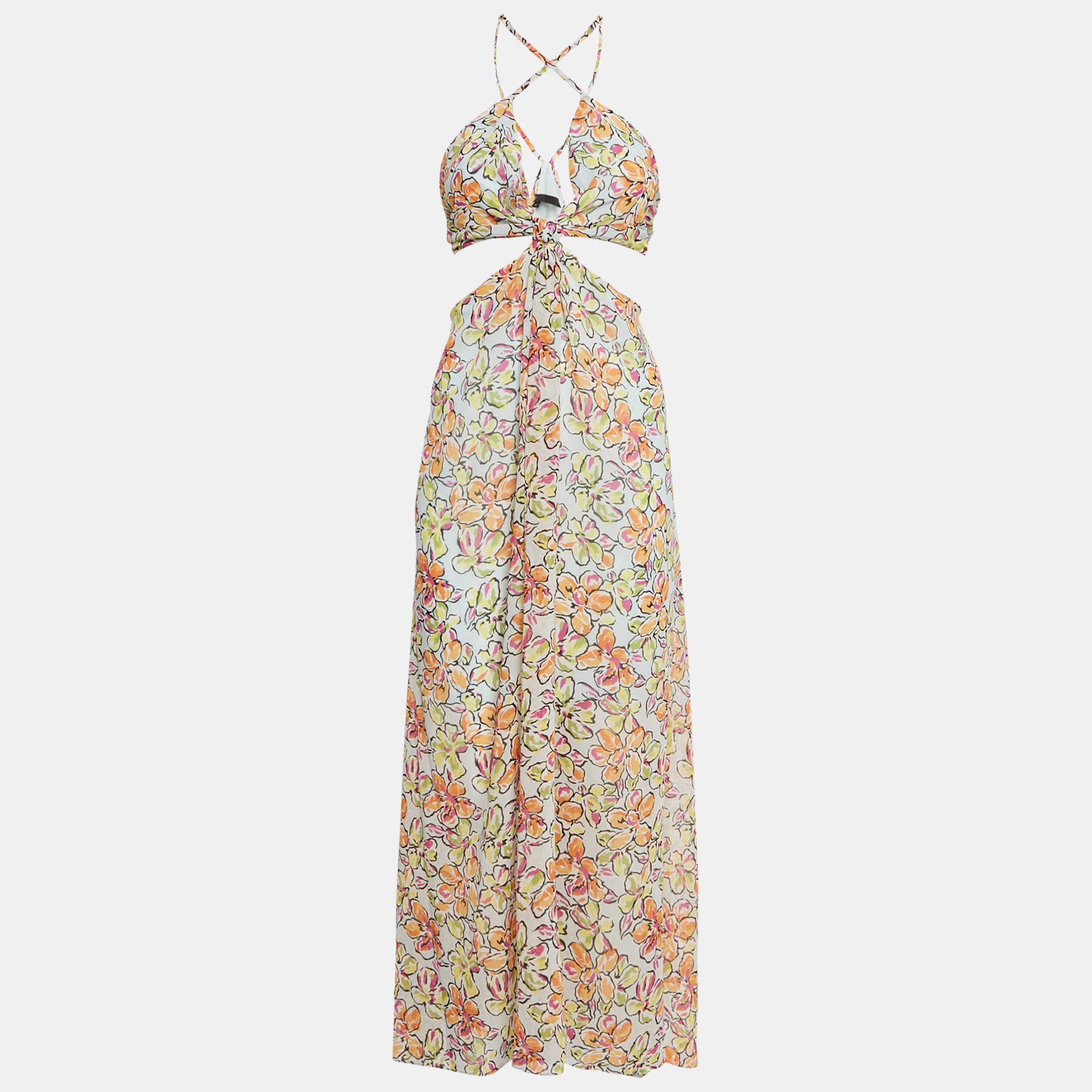 Maje Multicolor Floral Print Crepe Cut-Out Maxi Dress XL