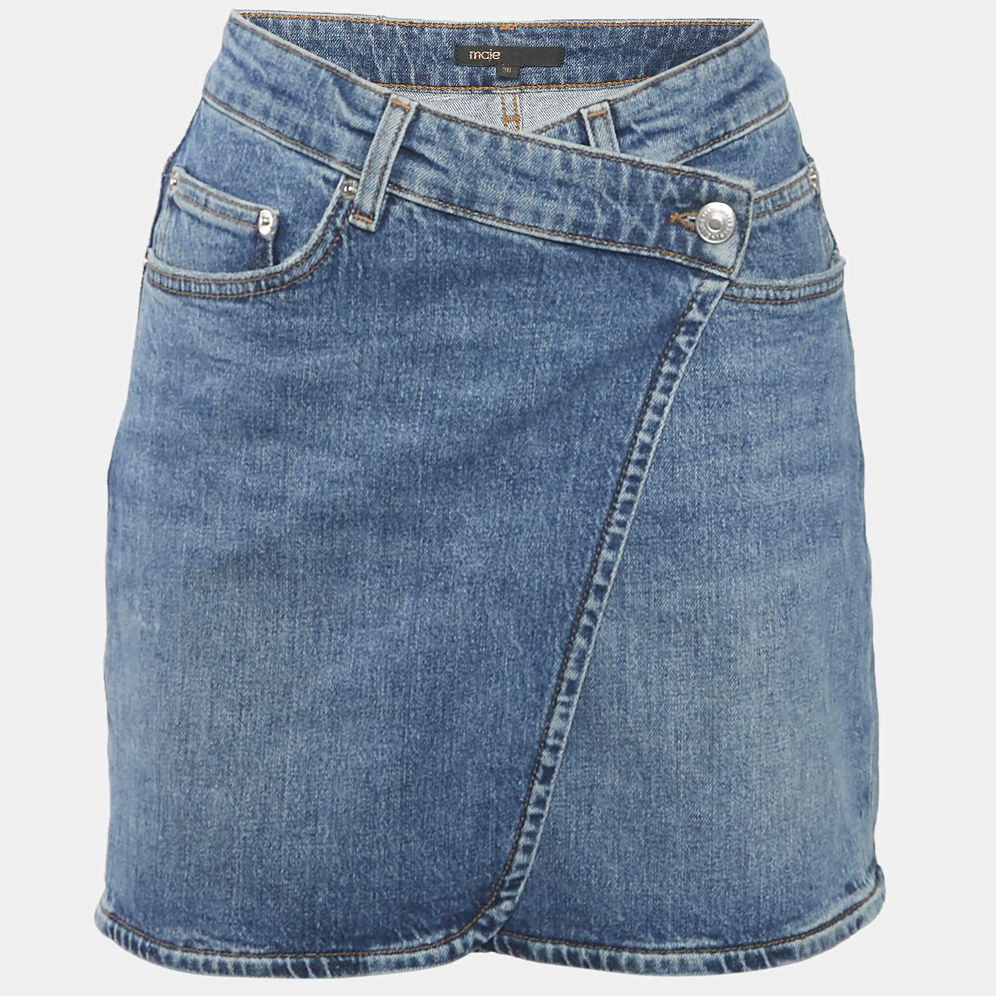 Pre Owned Maje Blue Denim Wrap Skirt S Waist 28"